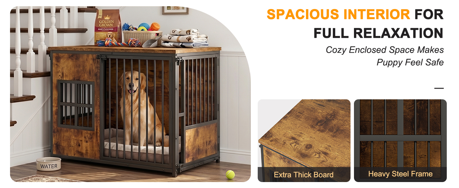 Wooden Dog Crate Furniture, Large Dog Kennel with Storage Top, Indoor Pet Cage — image 3