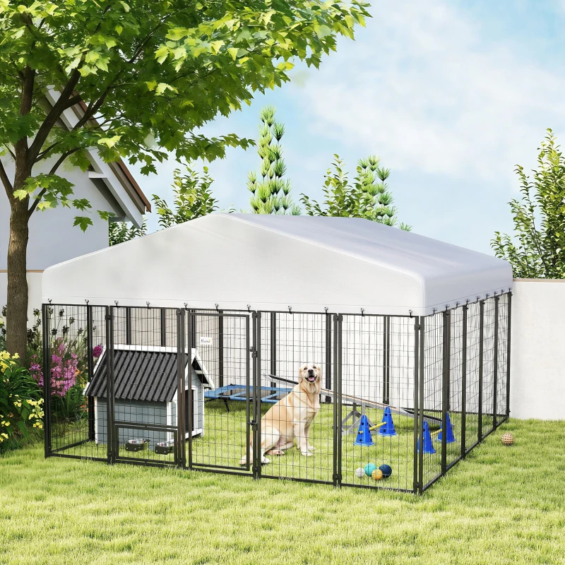 Caseta para Perros de Exterior 9.8' X 9.8' X 6', Corral Exterior con Comederos Giratorios 360°, Funda Impermeable y Resistente a los Rayos UV, Paquetes Múltiples — imagen 4