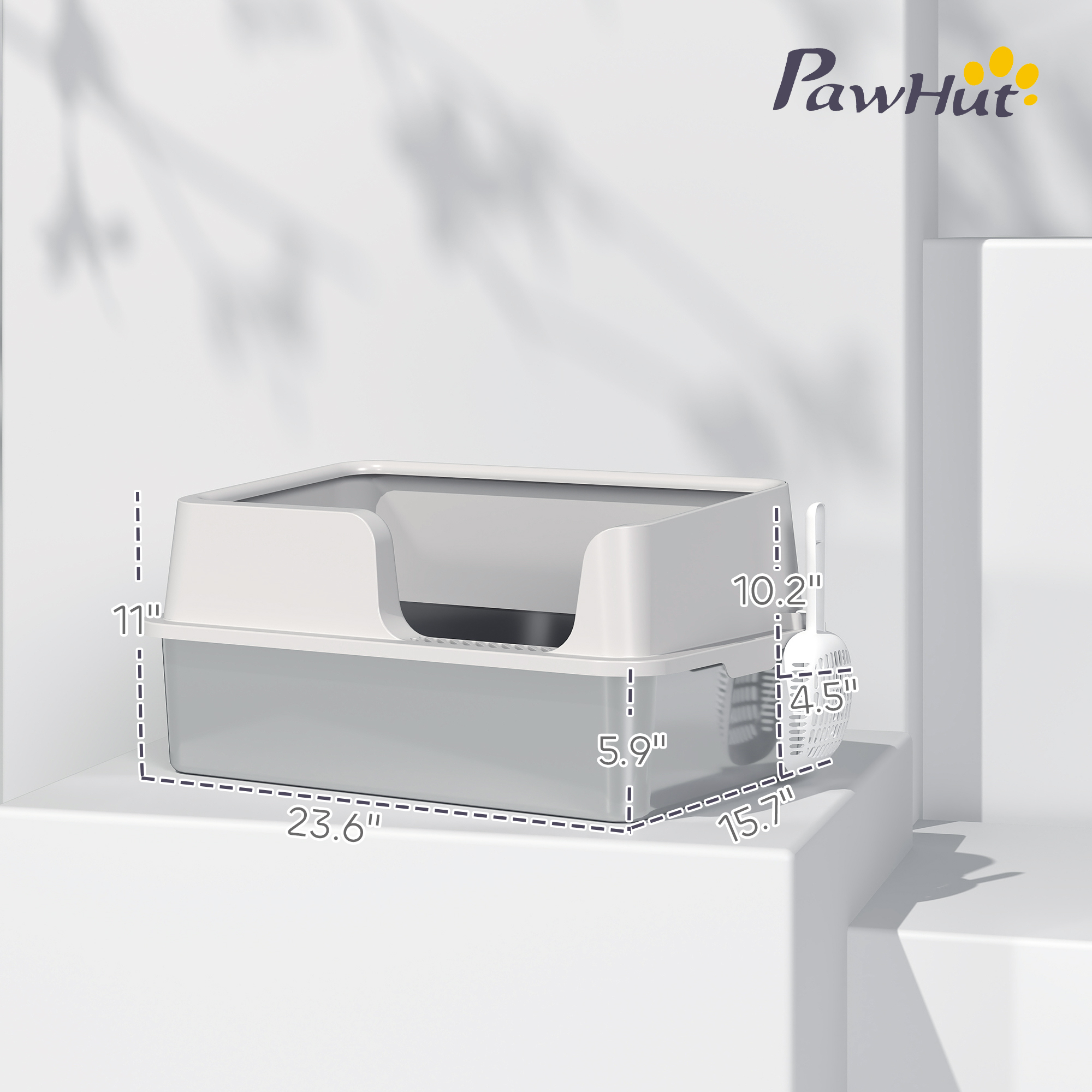 Caja de Arena de Acero Inoxidable con Alto Costado, Cuchara, Limpieza Fácil y Prevención de Pérdidas de Orina, para Gatos Grandes, Gris Claro — imagen 4