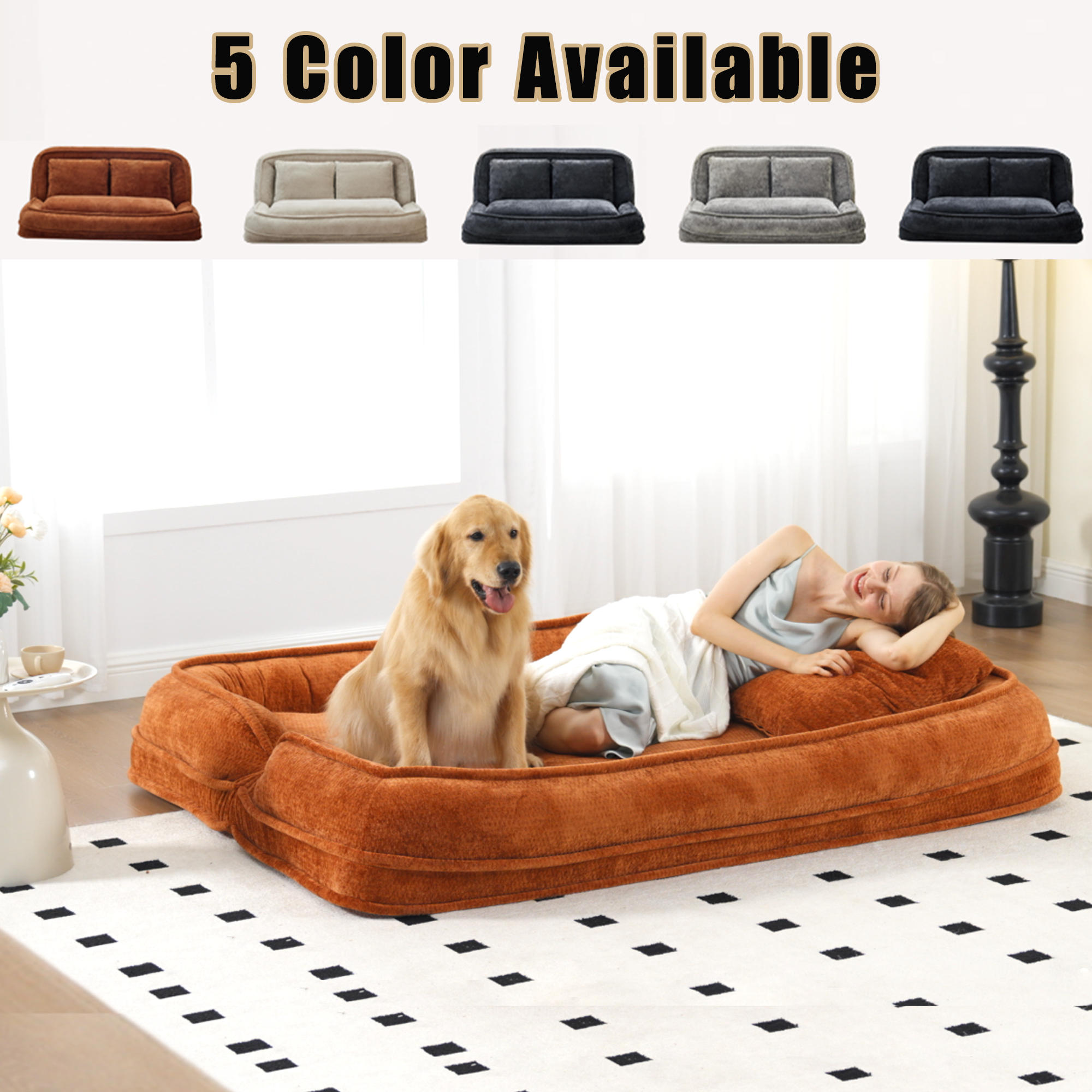 Silla de descanso doble para perros, Sofá relajante, Silla de amor, Adecuada para ti y tus mascotas, Couch de piso extra grande, Puedes sentarte o acostarte, 2 en 1, 5 posiciones ajustables, Almohada rellena, 2 asientos, Chenille naranja — imagen 17