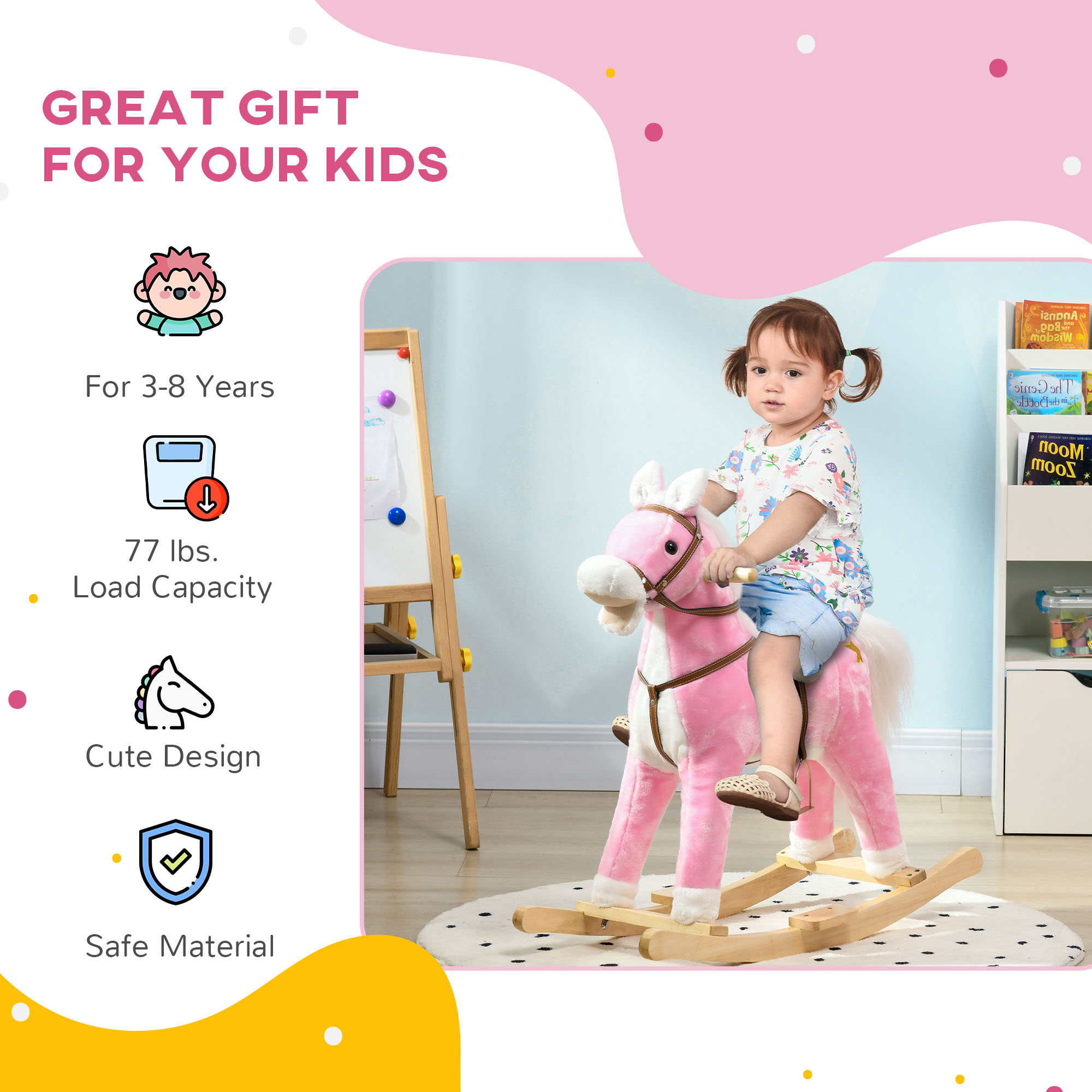 Rocking Horse Toddler Ride On Horse With Sound Saddle, Pink — image 2