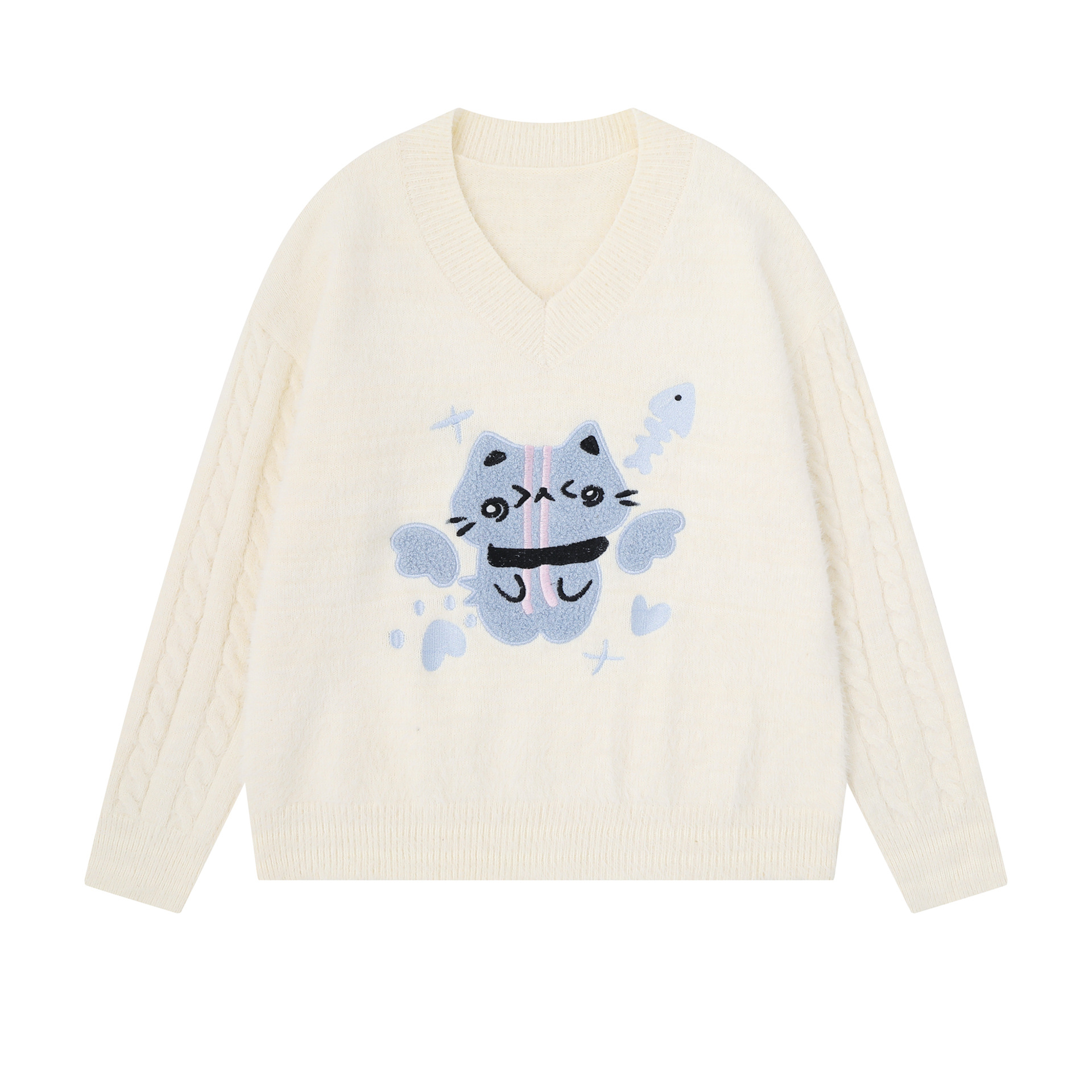 Cartoon Kitten Flocked Long Sleeve V-Neck Women's Sweater — image 1