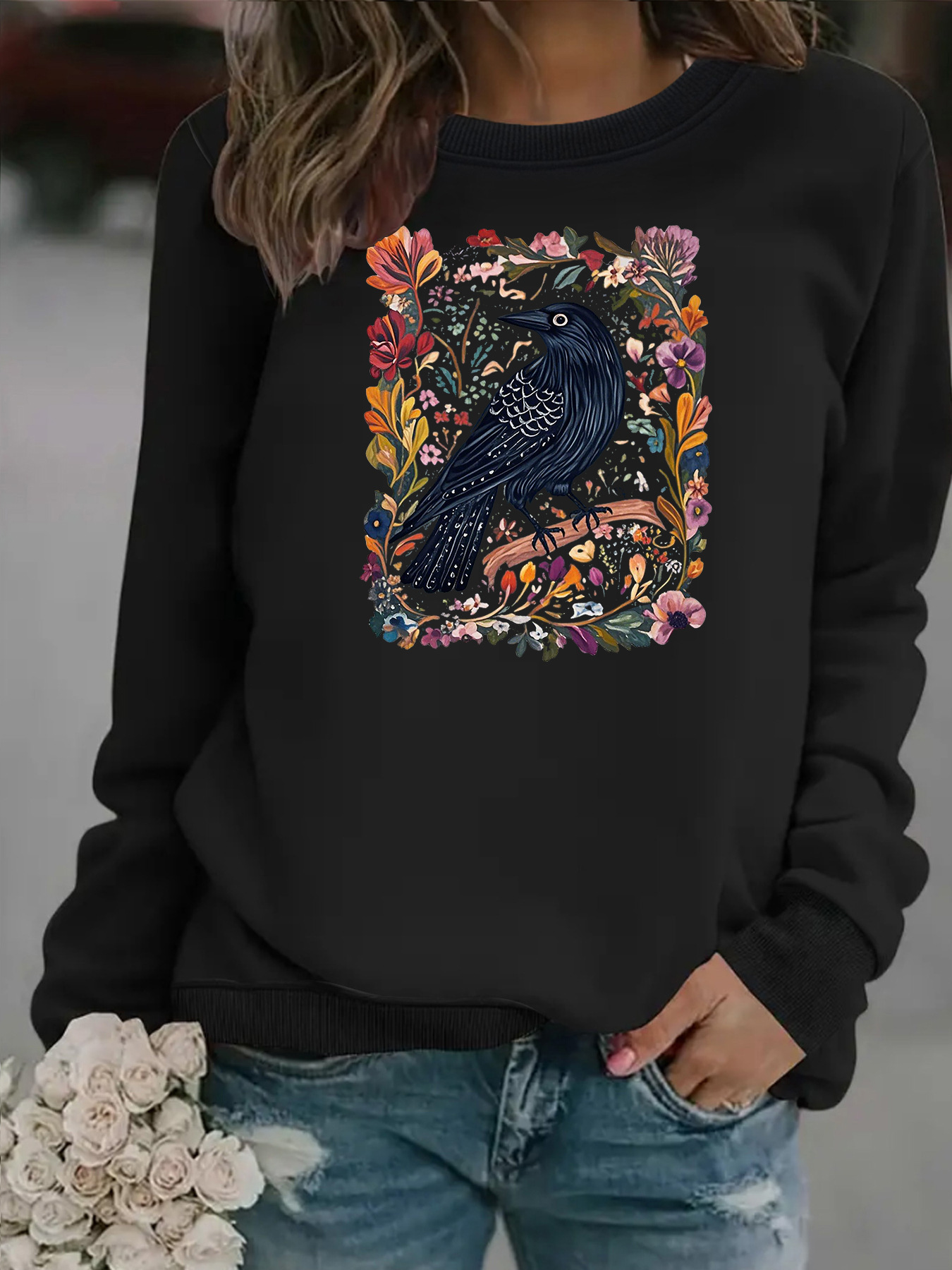 Crow print round neck fleece hoodie — image 10