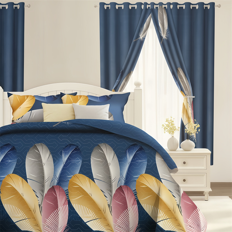 9 Piece Room In A Bag Quilt And Curtain Set, US Designer Navy Blue Boho Feather Print Heavyweight Bedspread With 6 Customizable Window Panels, Pet-Friendly High GSM Coverlet — image 12