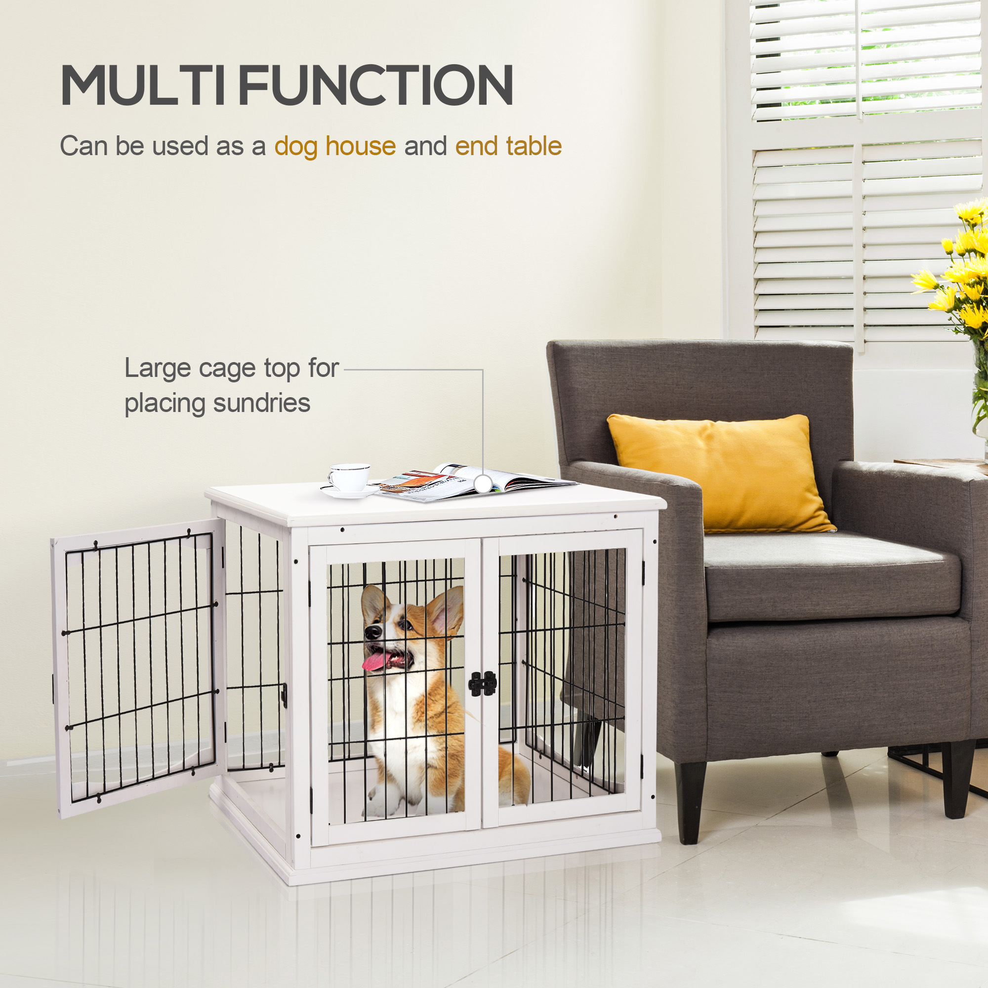 Dog Crate Furniture, 32" Small Dog Cage End Table with 2 Doors, Lockable Door, Puppy Kennel Indoor, White — image 3