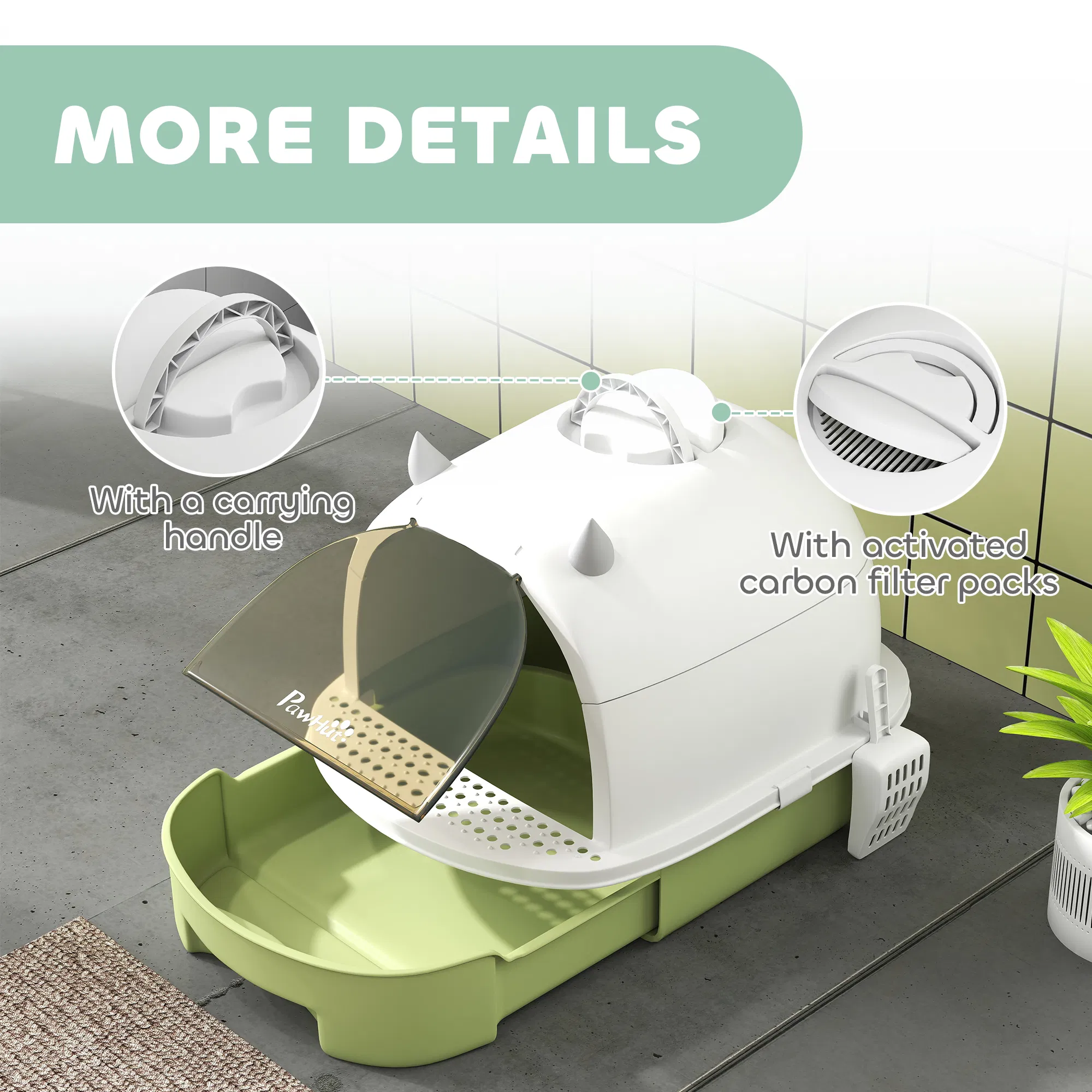 Cat Litter Box with Lid, Front Door Flap, Scoop, Handle, Easy Clean, for Small and Medium Cats, Green — image 4