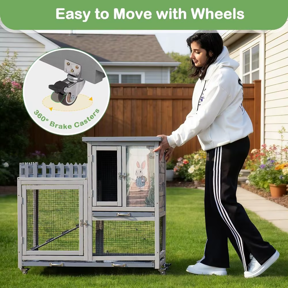 Wood Rabbit Hutch with Balcony Small Animal House Bunny Cage on Wheels | Ideal or multiple small animals, eaturing chewproo p & — image 5