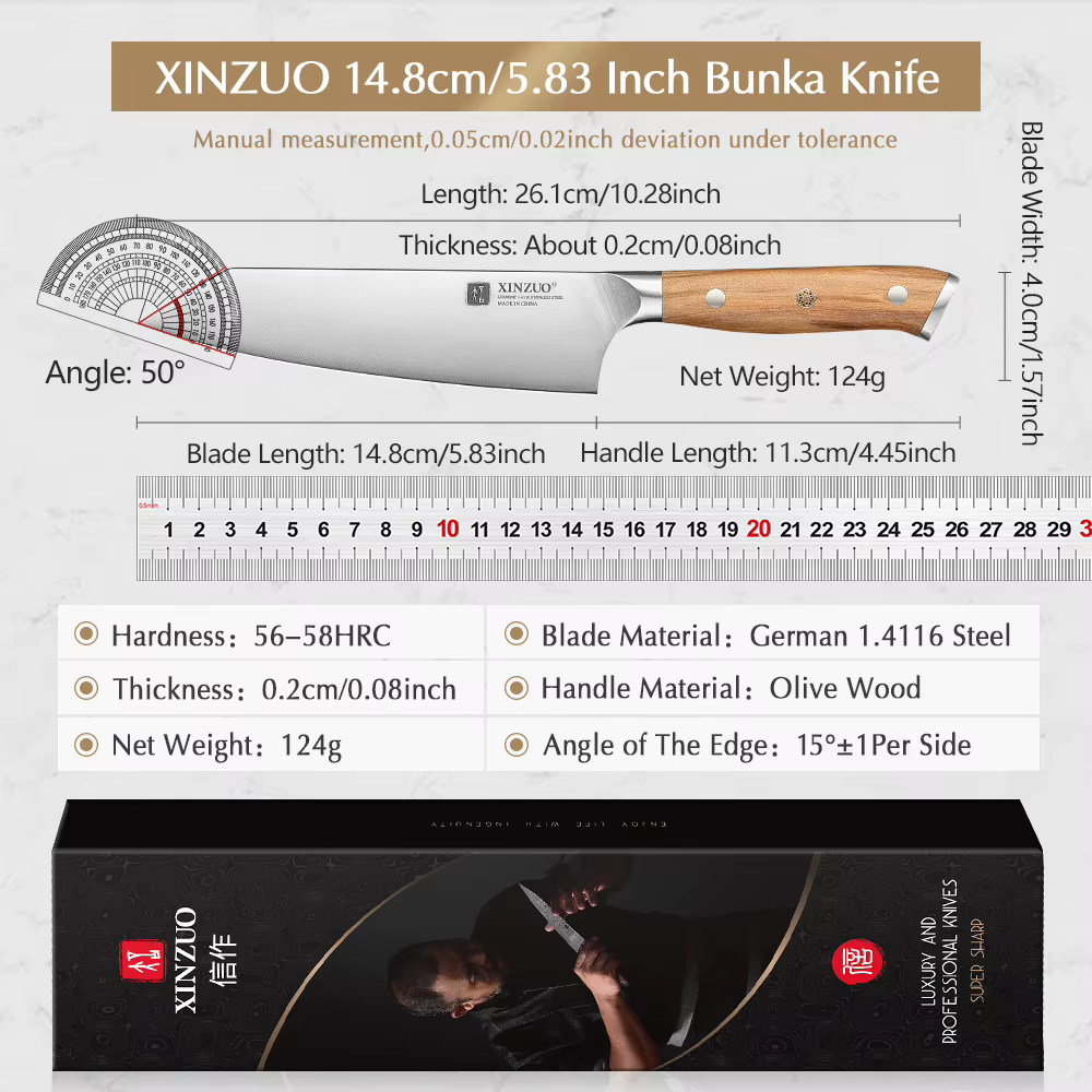 XINZUO 5.83 Inch Choice Bunka Chef Knife German Steel Olive Wood Handle Copper Rivets 56±2 HRC Anti Rust Exquisite Packaging — imagen 2
