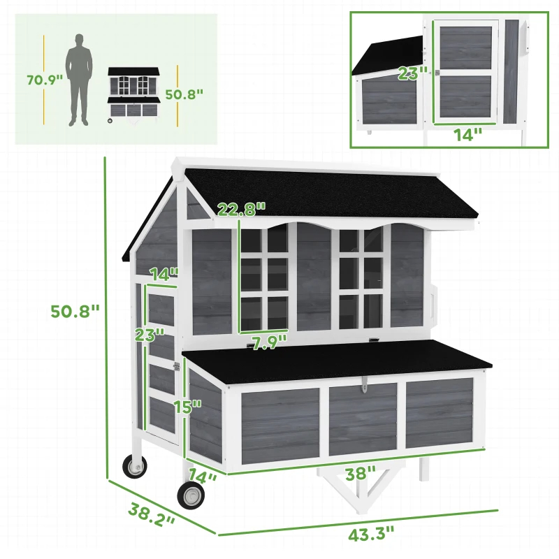 Chicken Coop With Wheels, Chicken Tractor With Nesting Box, Windows, Pull-out Tray, Perches, For 2-4 Hens, Gray — imagen 1