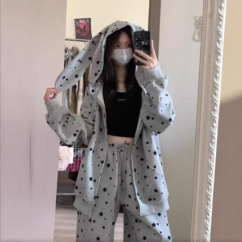 Star Print Rabbit Ears Fashion Set for Women, Hooded Sweatshirt Cardigan, Lazy Loose Two-Piece Set — image 2