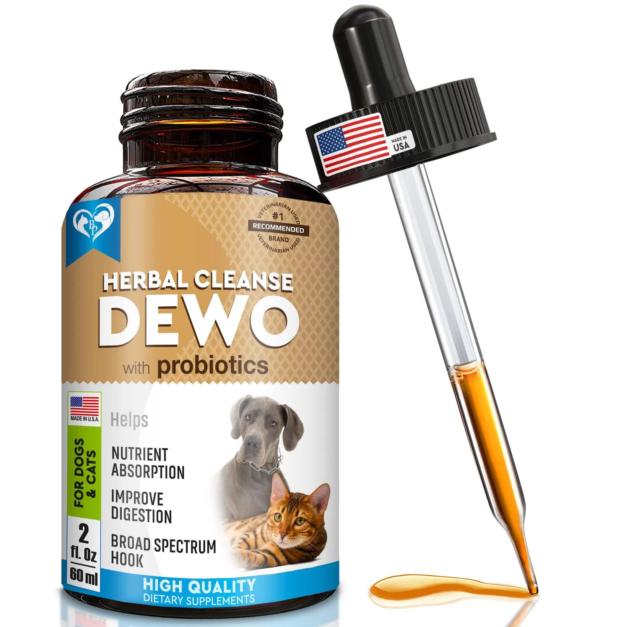 Tratamiento Natural de Gusanos para Mascotas con Probióticos - Líquido Herbal para Prevenir y Curar Parasitos en Perros y Gatos
