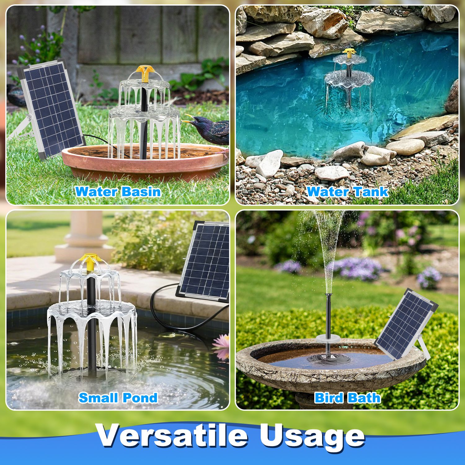 3Tier Solar Bird Bath Fountain Solar Powered Water Fountain Waterfall Feature With Colorful Light 3 Nozzles 6W Solar Panel For Bird Bath Patio Yard Pond Garden — image 2
