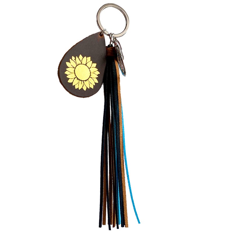 Crazy Horse Skin Keychain Texture Hot Gold Sunflower Cross Droplet Shape Keyring Leather Tassel Pendant — image 9