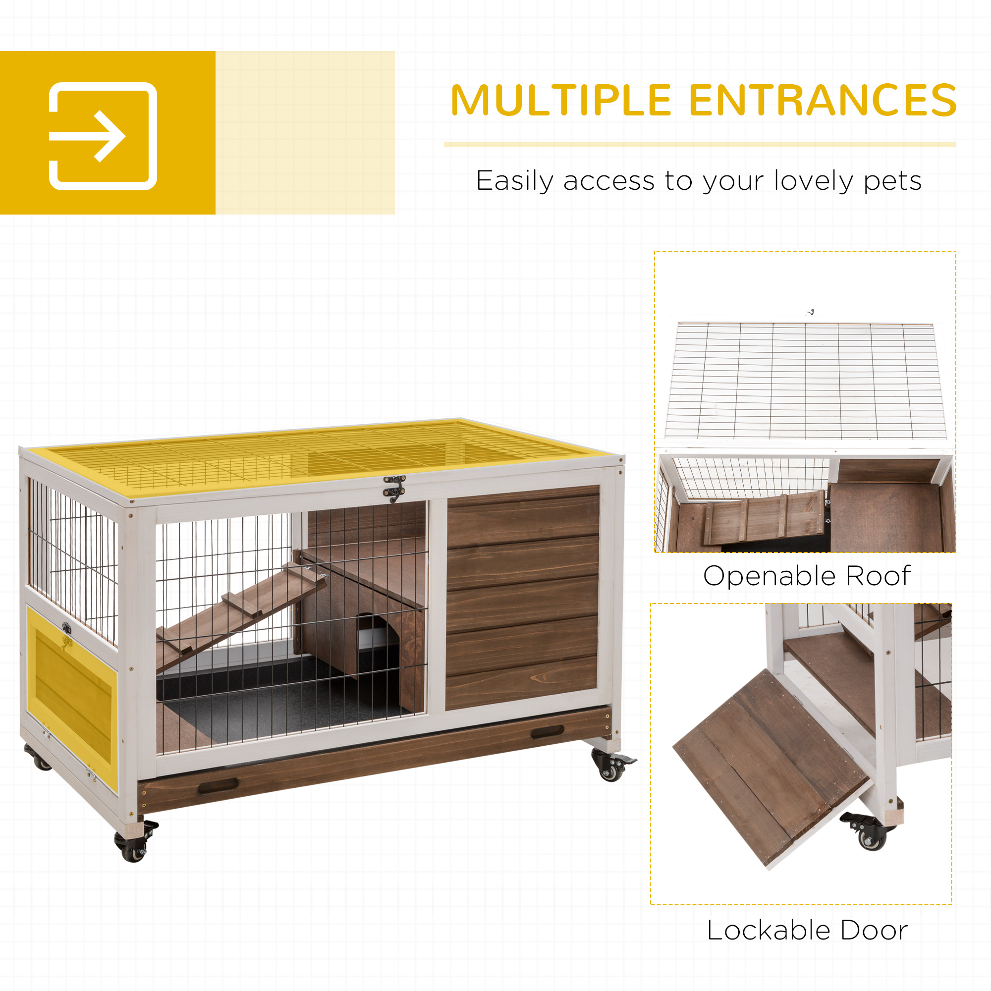 PawHut Caja de Conejo en Madera para Interior y Exterior, Jaula Elevada con Plataforma Sin Derrames Con puertas y Ruedas, Ideal para Conejos y Pequeños Animales, Marrón — imagen 4