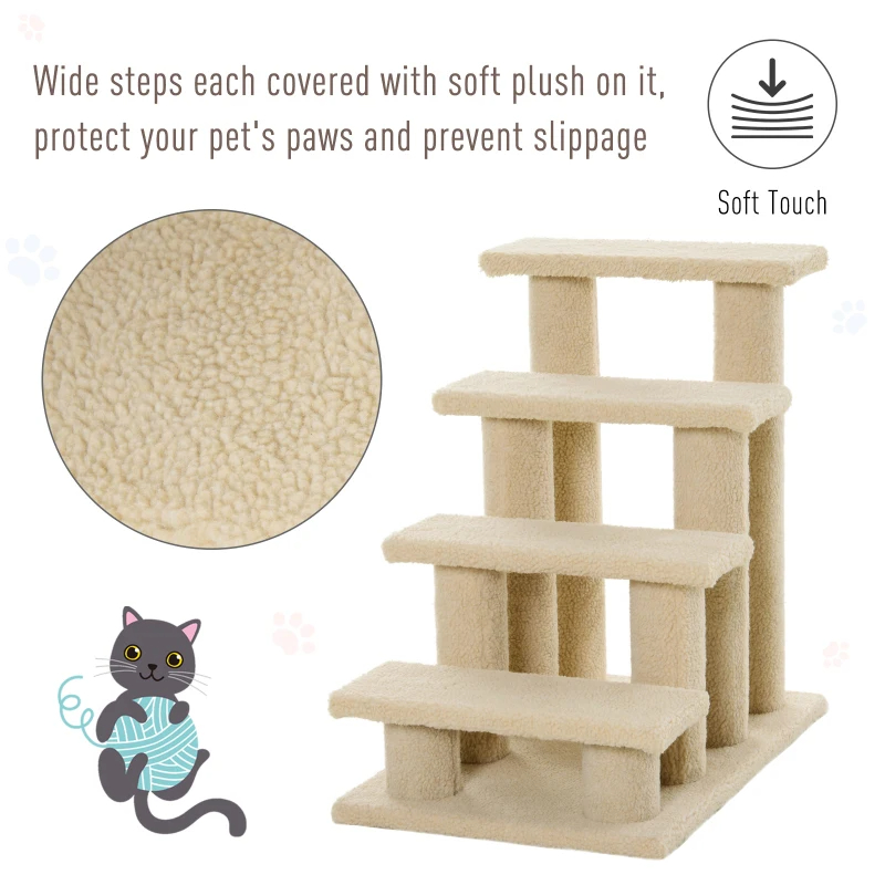 Rascador para Gatos de 4 Escalones y Múltiples Niveles Enmoquetado, Escalera para Mascotas, Blanco Crema — imagen 4