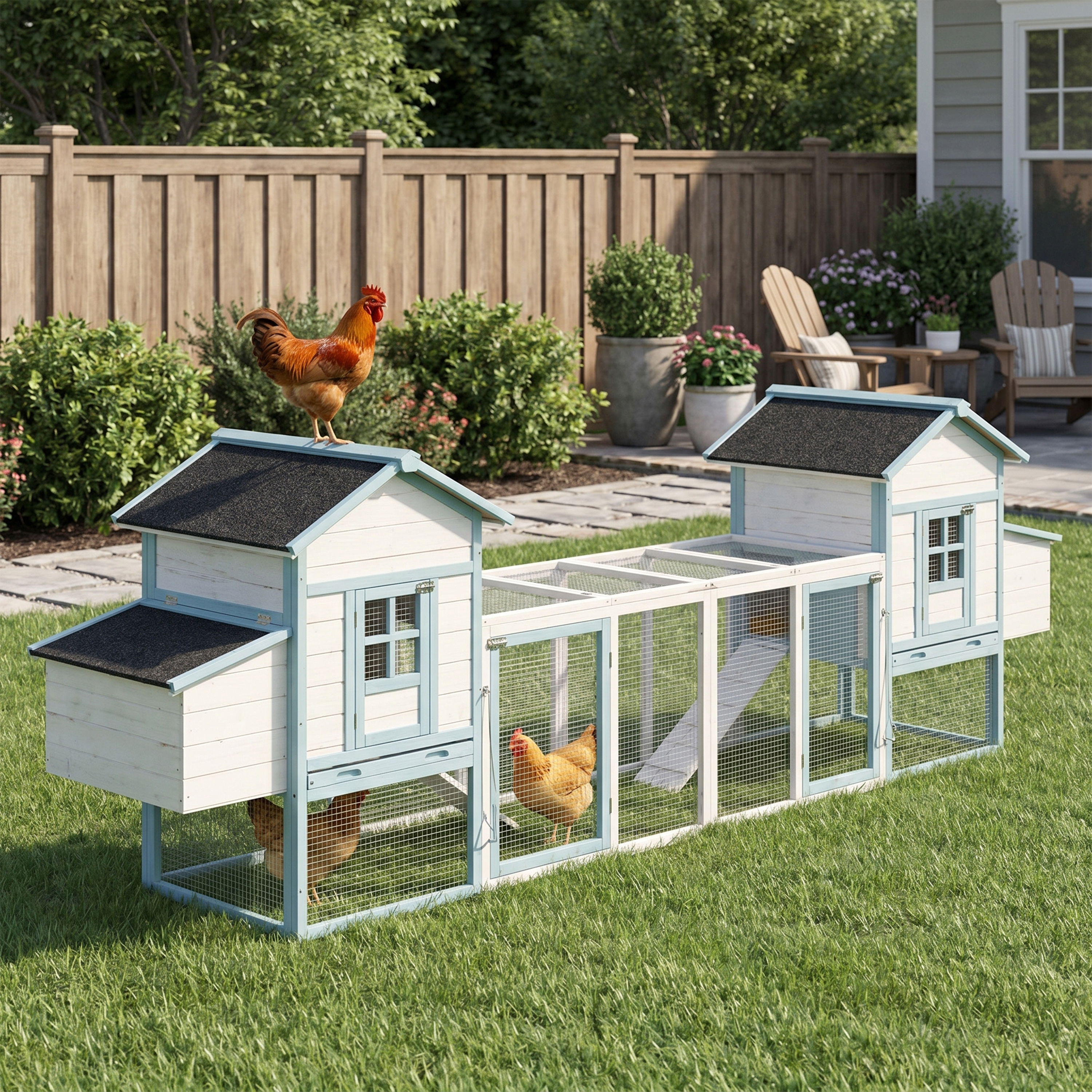 Casa de Gallinas Grande en Madera con Dos Cajas de Incubación, Corral Exterior con Techo Impermeable de Asfalto y Acceso Peatonal, Jaula de Pollos de Madera de Abeto con Platos de Desperdicios Retraillables, Azul y Blanco para Gallineros de Patio — imagen 1