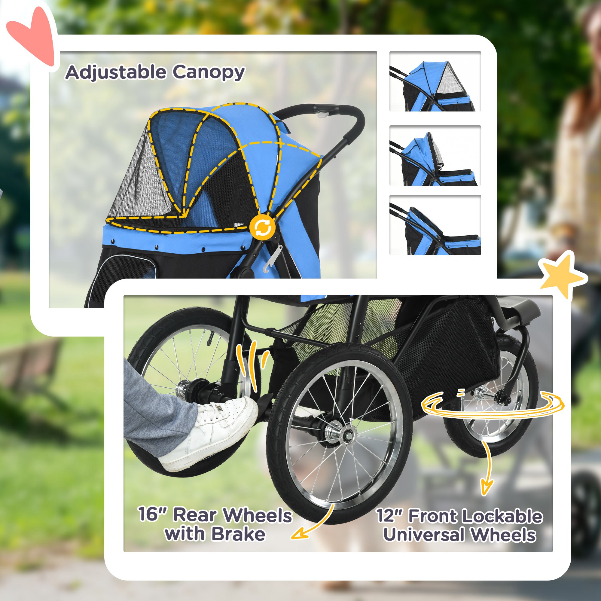 Cochecito para Mascotas de 3 Ruedas para Perros Pequeños y Medianos con Techo Ajustable, Correa de Seguridad y Cesta de Almacenamiento, Azul — imagen 8