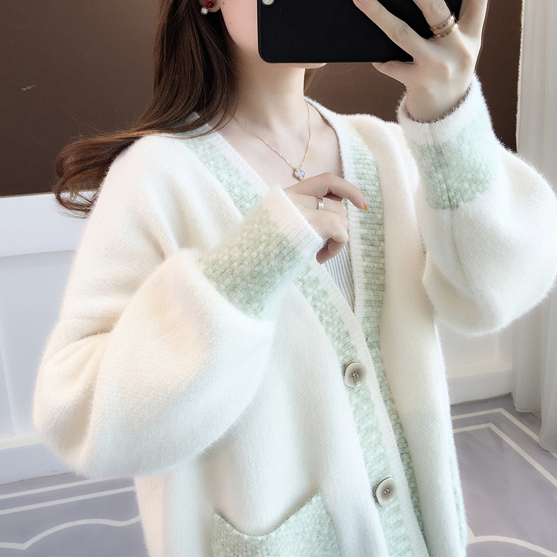 Fall New Women's Knit Cardigan Sweater Loose Outerwear Water Rabbit Fur Top Coat — image 4