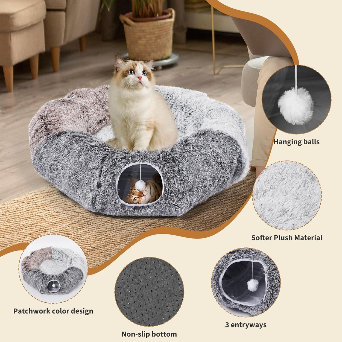 Túneles para Gatos Grandes para Hogares - Colchón Cálido y Túnel de Cueva con 20 Juguetes para Mascotas, Túnel en Dona y Conjunto Variedad de Juguetes para Kitten — imagen 5