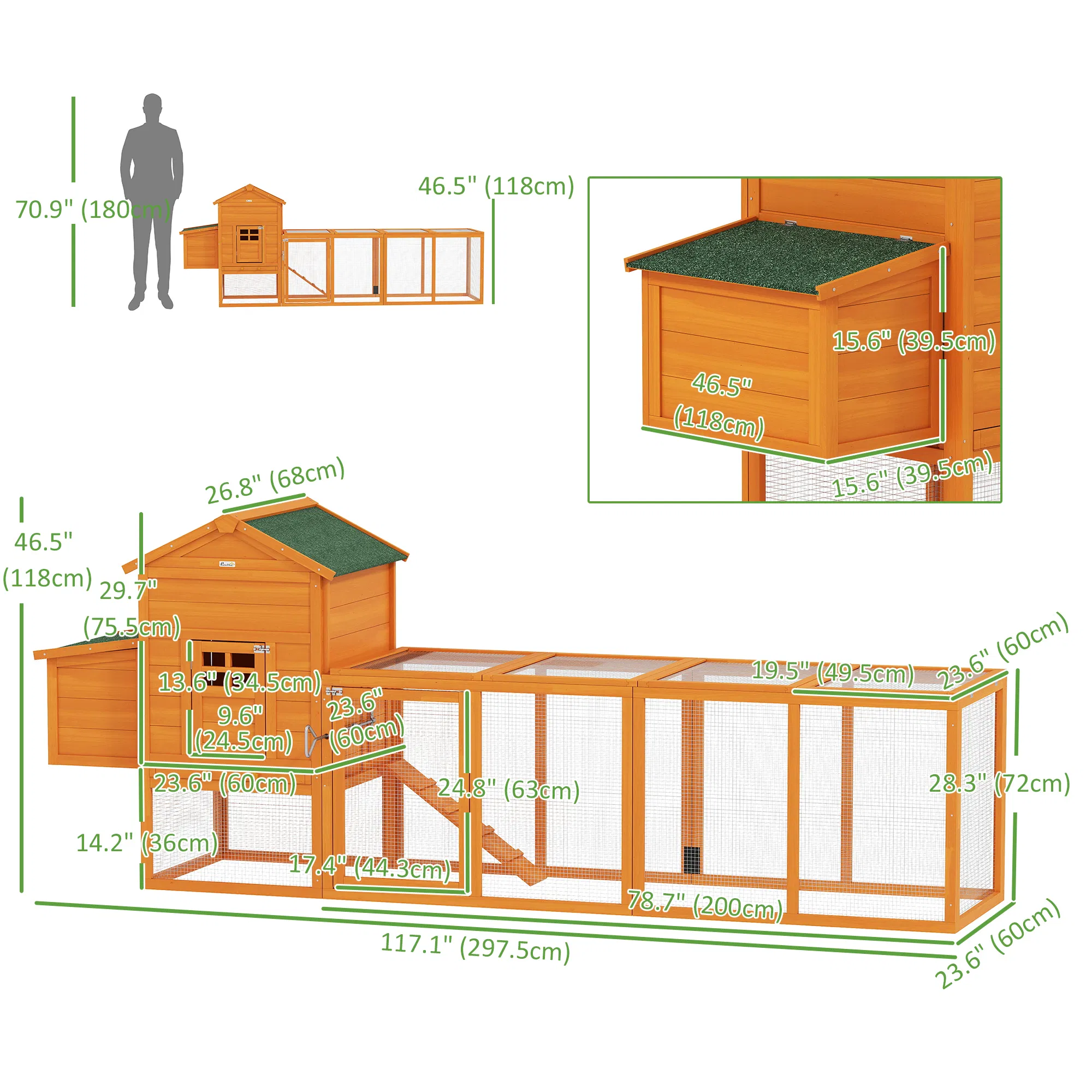 117" Extra Large Chicken Coop with Asphalt Roof, Wooden Hen House with Slide-out Tray, Quail Hutch with Nesting Box, Orange — image 3