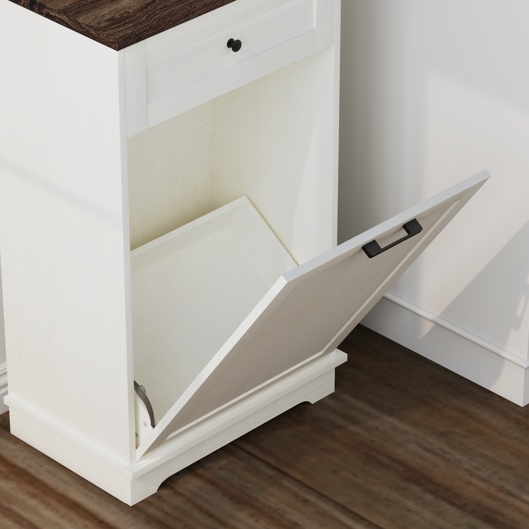 Mueble Basculante para Basurero de 10 Galones, Mueble Independiente para Bote de Basura, Mueble de Madera para Basura y Reciclaje con Cajón, a Prueba de Mascotas, para Cocina y Sala de Estar, Blanco Antiguo (No Incluye el Bote de Basura) — imagen 3