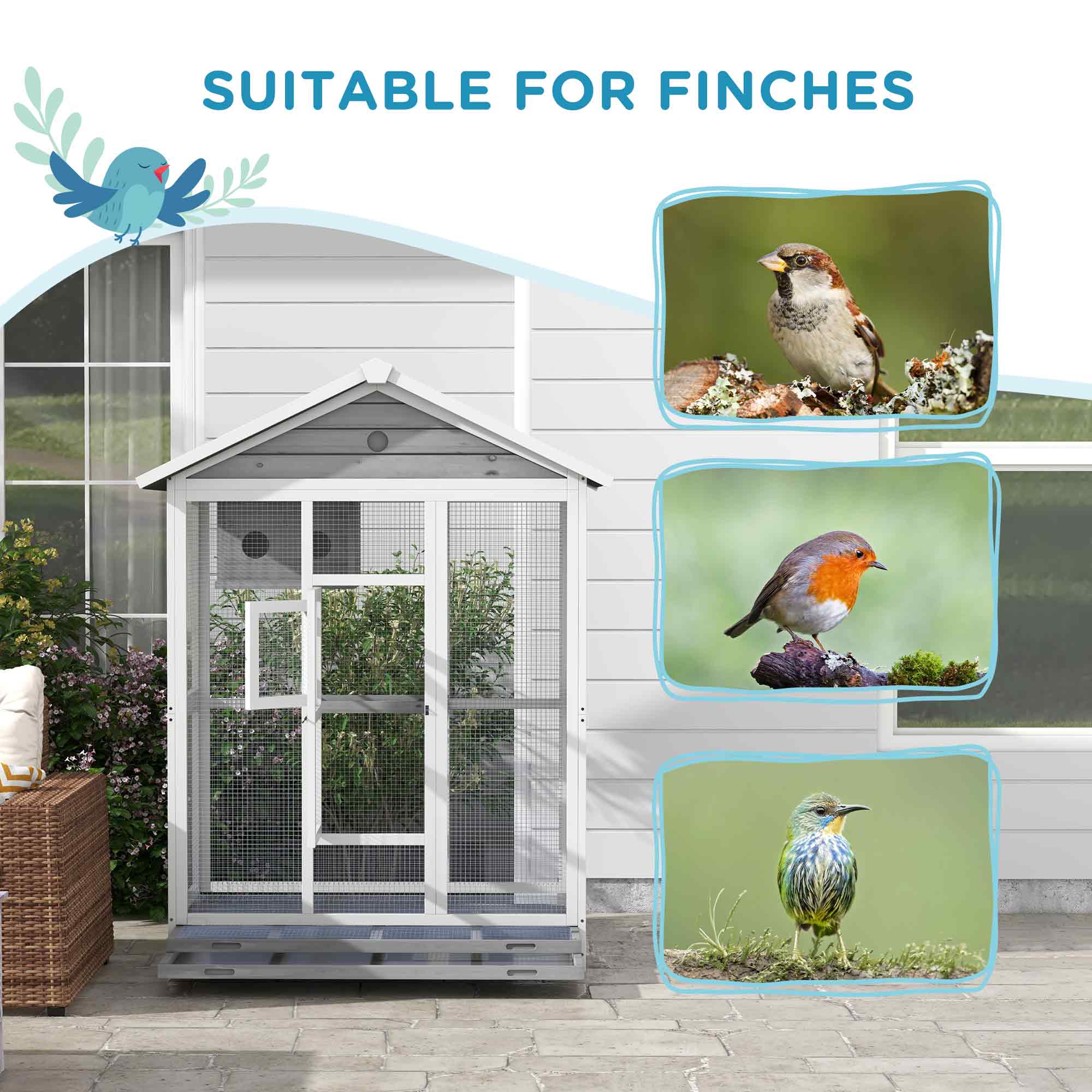 64.5" Wooden Bird Cage Aviary, Flight Cage with 4 Perches, Nest and Slide-Out Tray for Indoor/Outdoor, Gray — image 2