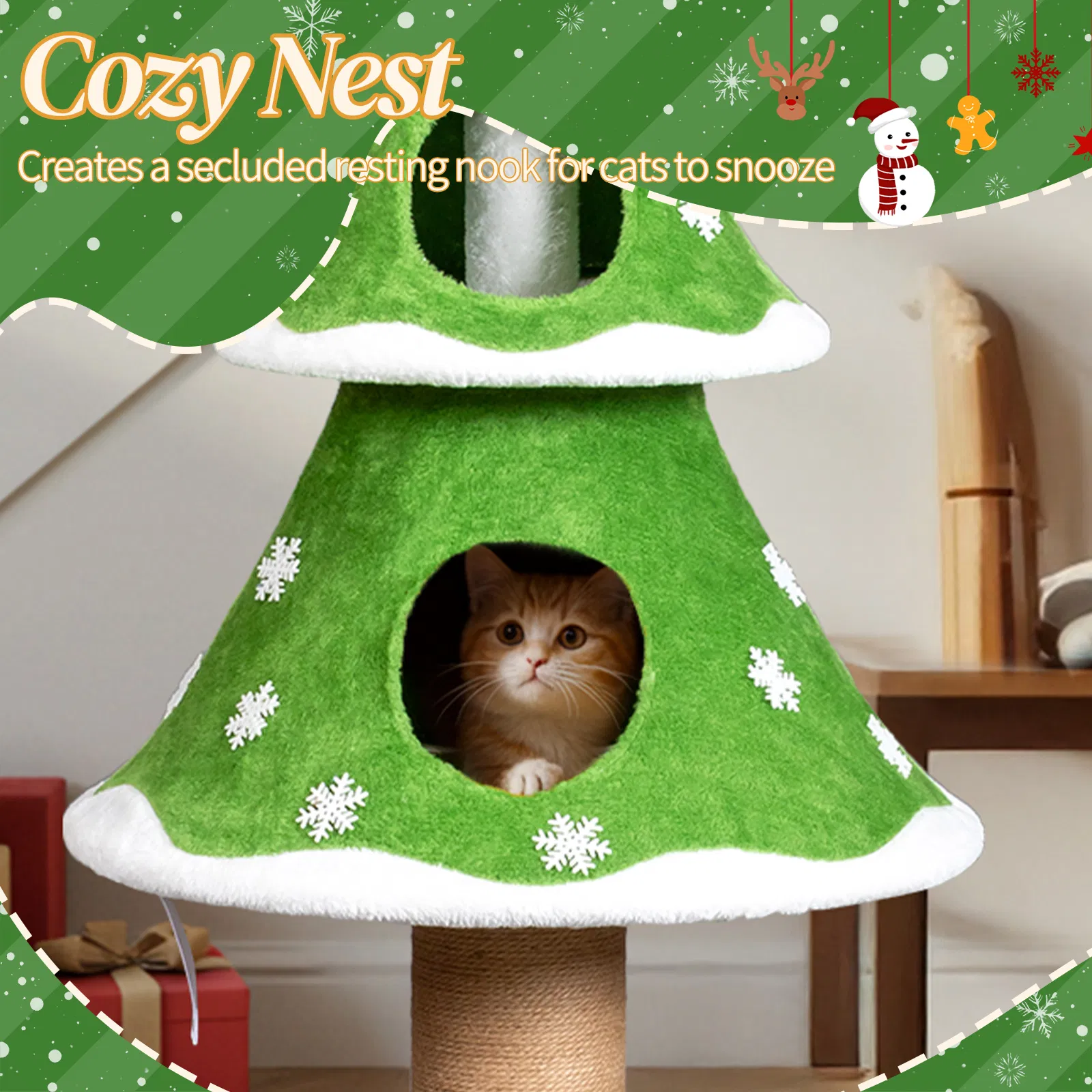 Large Tall Christmas Tree Cat Tower with 2 Cat Condos & Scratching Post, Soft Fleece Cat Tree with Teaser Toy & Sturdy Base & Built-in Openings for Indoor Cats, Green & White — image 15