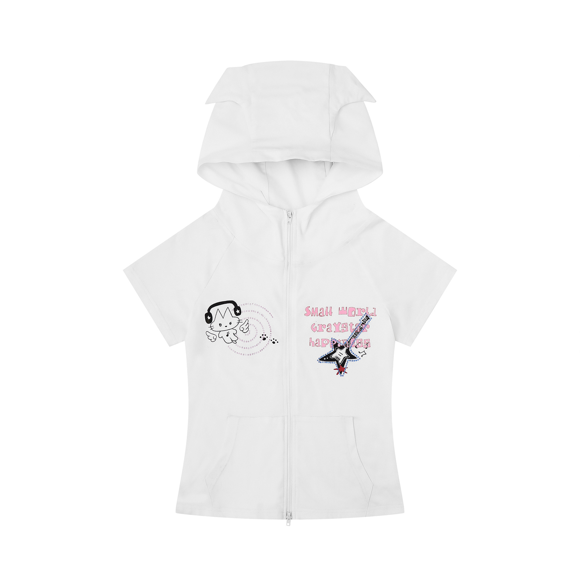 Cute Cat Ear Hoodie Short Sleeve Jacket for Women, Cartoon Guitar Print Slim Fit Top — image 1