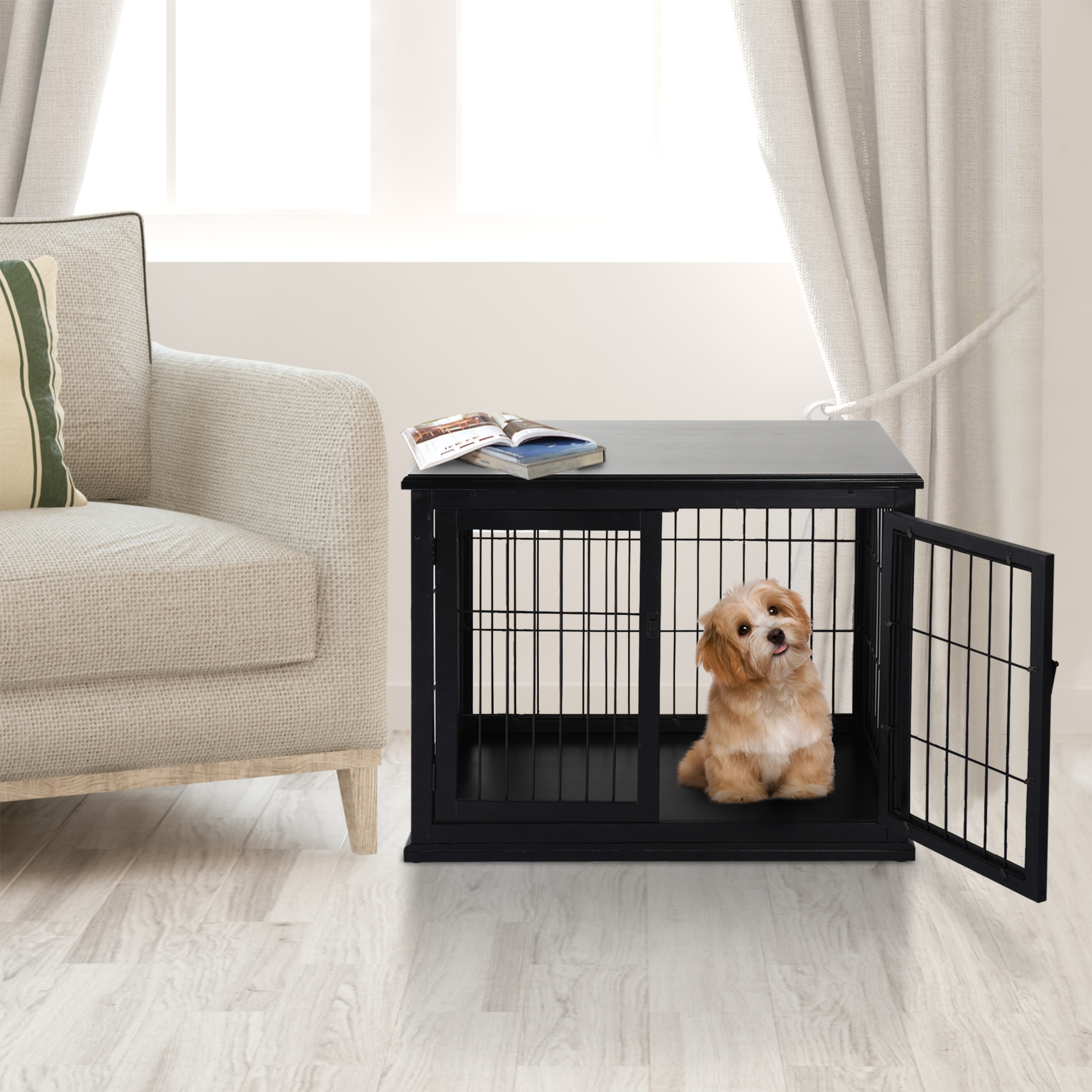 Caja para Perros de Mueble, 32" Caja para Canes Pequeños con 2 Puertas, Cerradura, Refugio para Puppies Interior, Negro — imagen 1