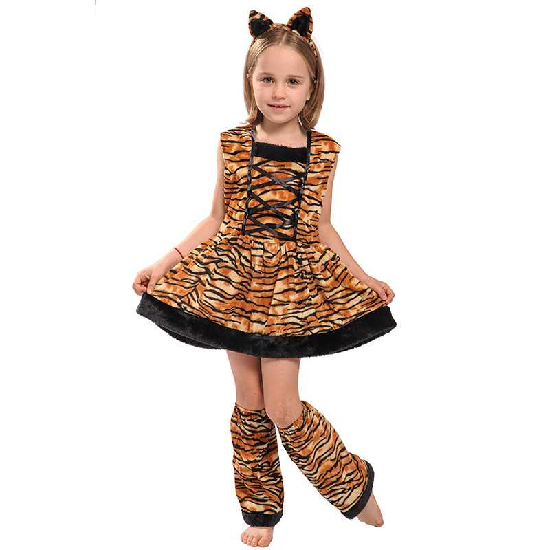 Halloween Purim festival tiger print girl sleeveless skirt cosplay costume — image 1
