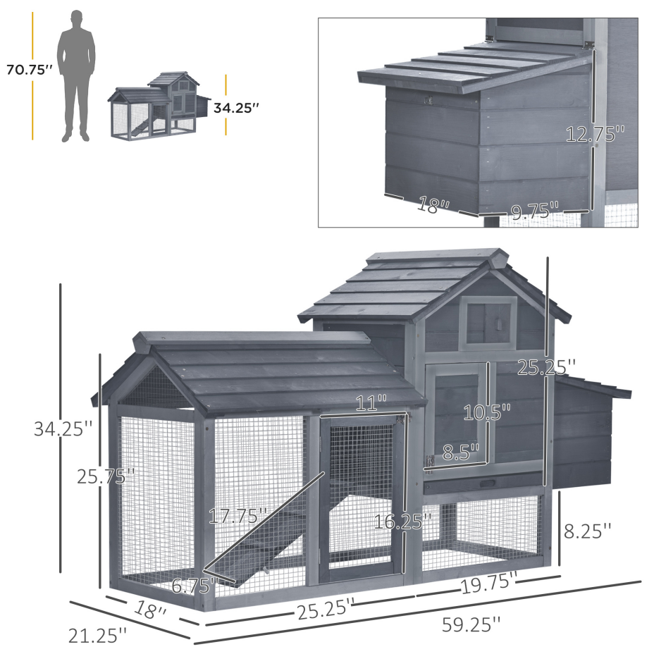Kit de Galpón para Pollos 59 Exterior Madera Compacta Sólida Casa Aislada Ventilación Gris — imagen 6