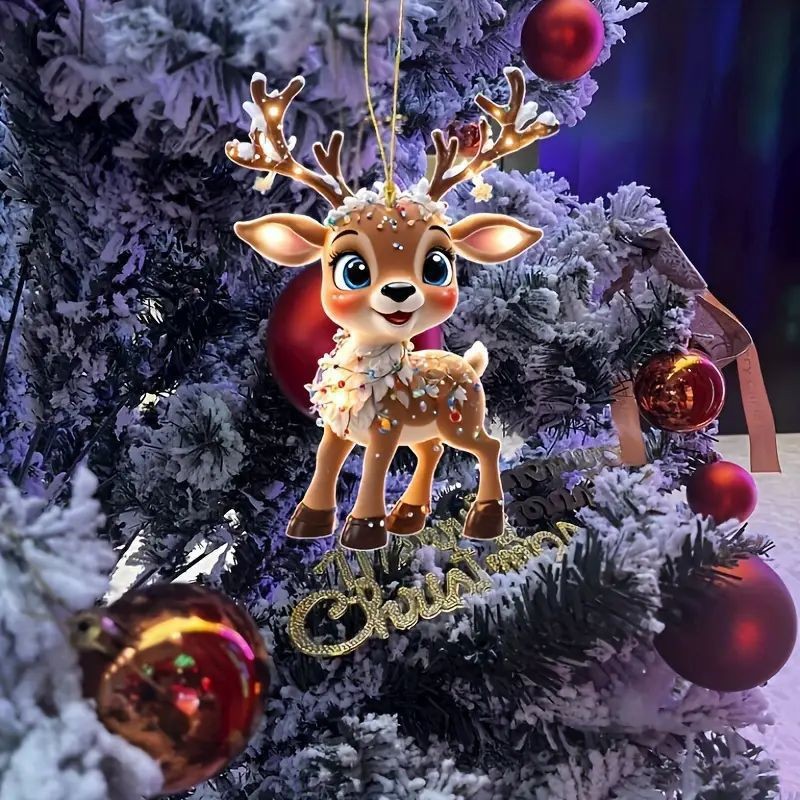 Christmas Reindeer Tree Decoration Acrylic Flat Car Rearview Mirror Hanging Ornament Home Decor Ready — image 2