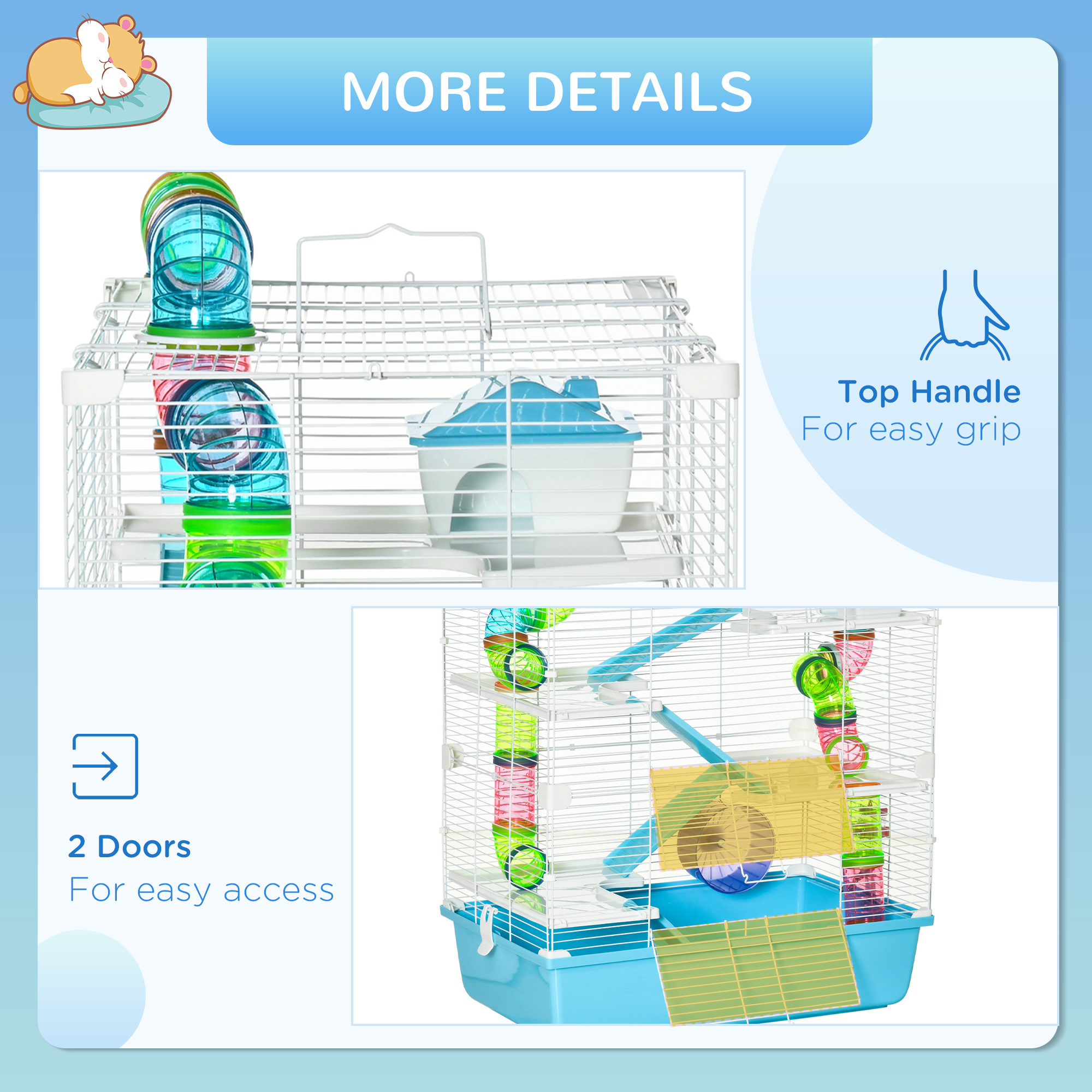 Caja para Hámsters Extra Grande de 23" con Tubos y Túneles, Manijas Portátiles, Casa para Ratas y Habitats 5-Niveles, Incluye Rueda, Botella de Agua, Comida y Azul Claro — imagen 8