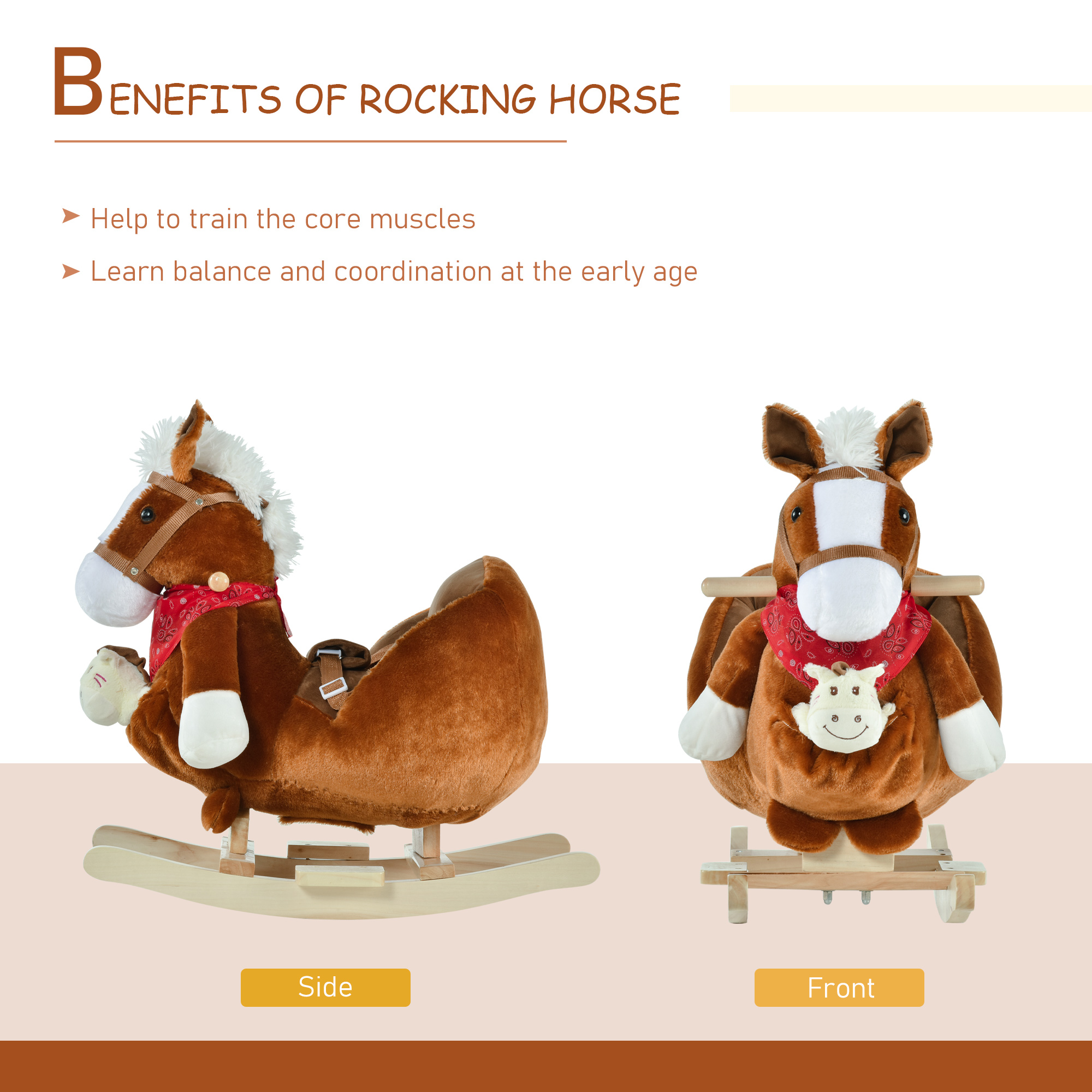 Kids Ride-On Rocking Horse Toy, Rocker with Lullaby Song, Hand Puppets & Soft Plush Fabric for Children 18-36 Months, Brown — image 7