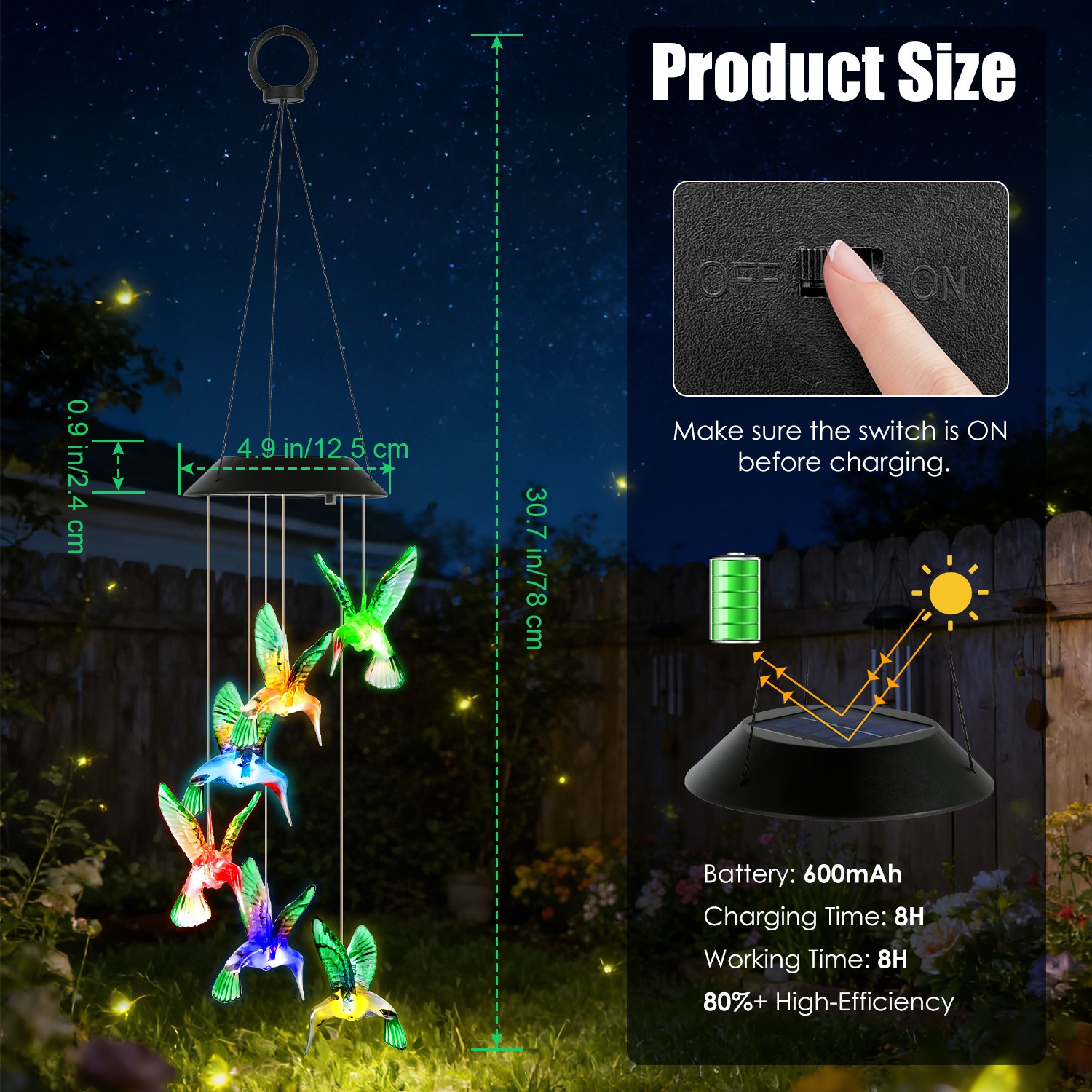 2 Piezas de Carrillón de Viento Solar de Colibrí, Cambia de Color en 7 Tonos, para Exteriores, Resistente al Agua IPX4, Decoración de Jardín y Patio — imagen 6