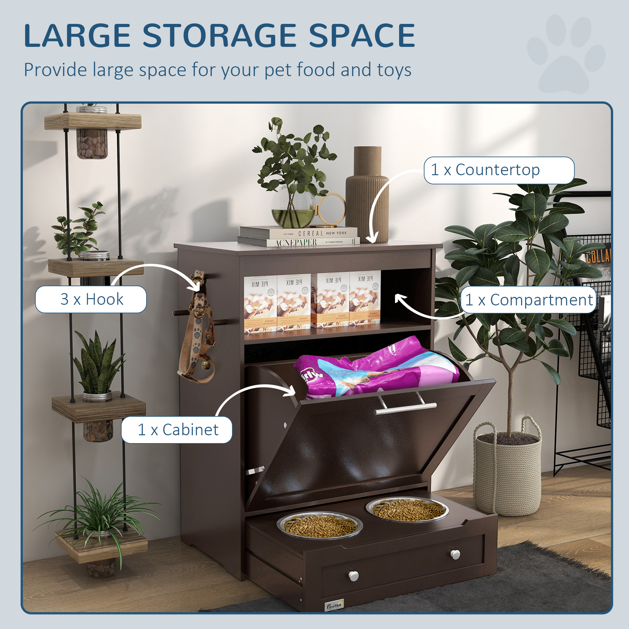 Estación de Alimentador para Mascotas, Armario de Almacenamiento con Tazas Elevadas para Perros y Suministros de Agua, Gris — imagen 4