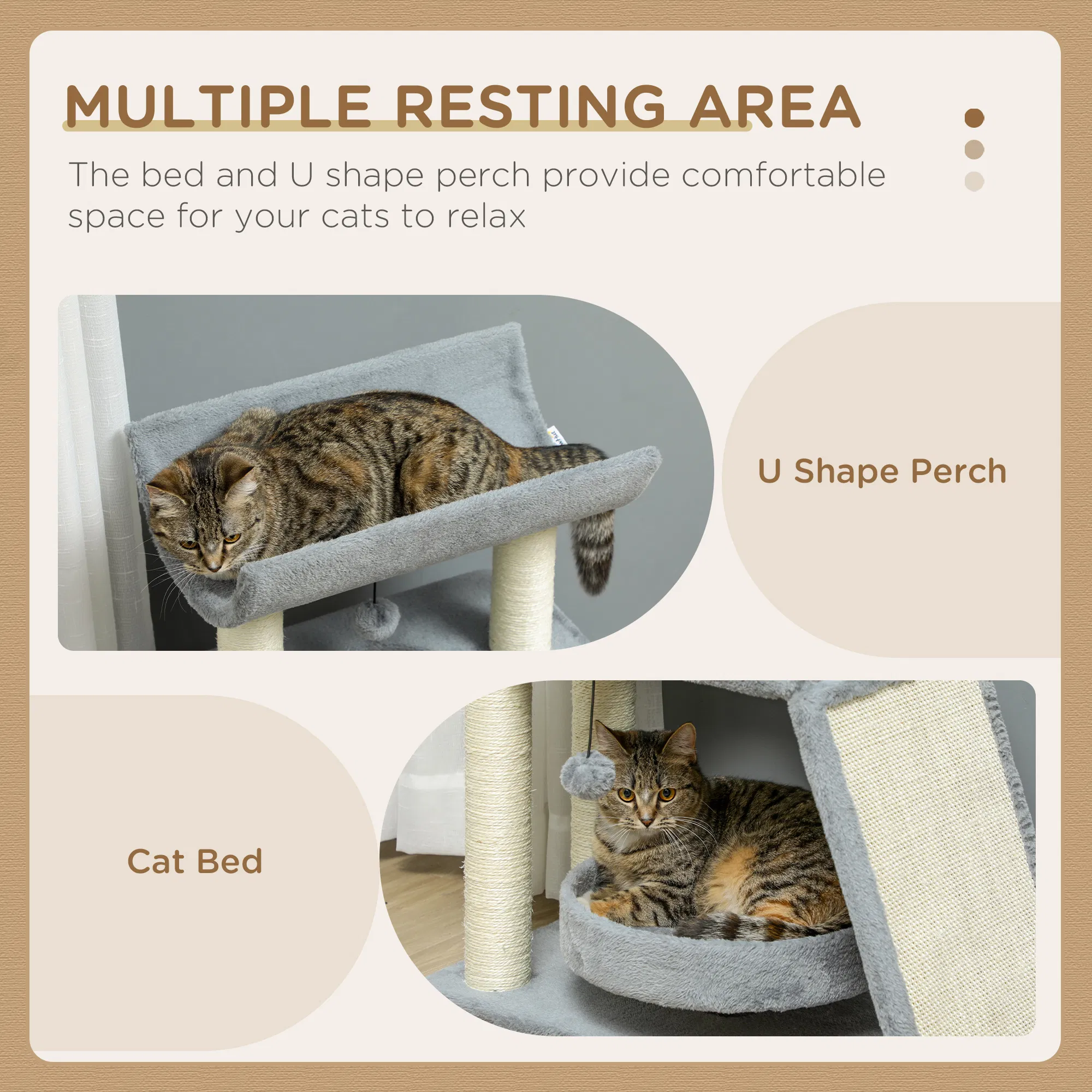 Small Cat Tree with Perch, Scratching Posts, Pad, Bed, Toy Balls, Light Grey — image 3