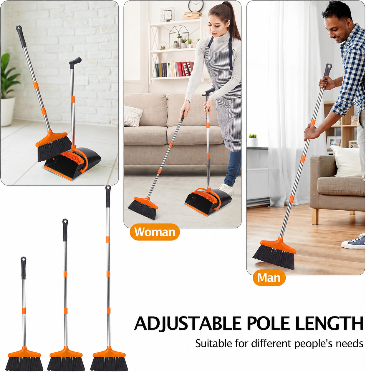 Broom And Dustpan Set, 54.33 Inches Long Handle, Upright Dustpan With Lightweight Stainless Steel Rod, Upright Dustpan, Suitable For Various Scenarios Such As Kitchen, Office And Cleaning Pet Dog Hair — image 3