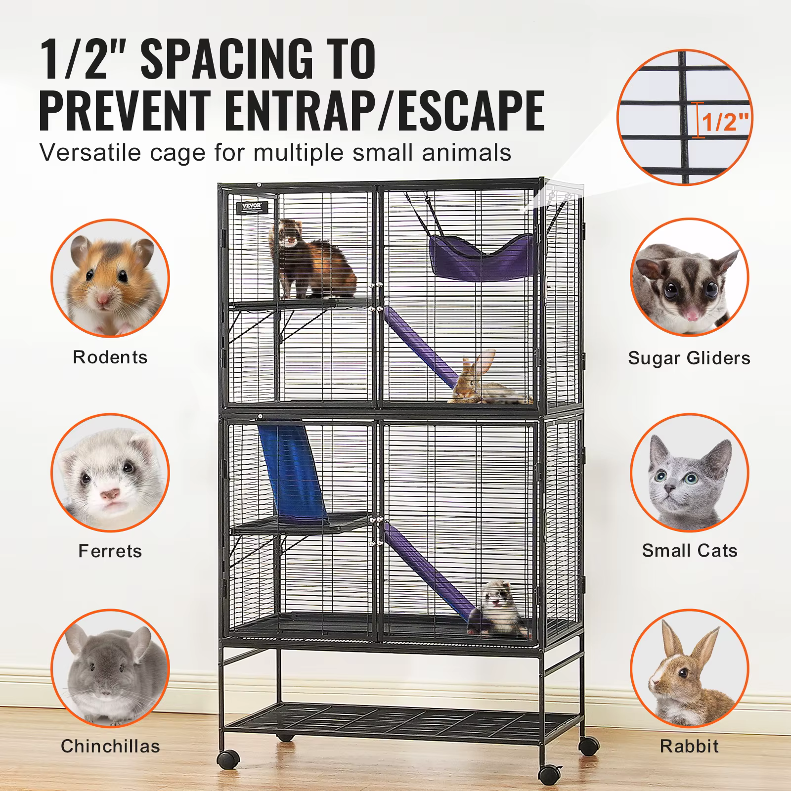 SucceBuy 64.6" Rolling Metal Ferret Cage Large 4-Tier Critter Nation Cage Small Animal Cage for Rats Hamster Guinea Chinchilla — image 3