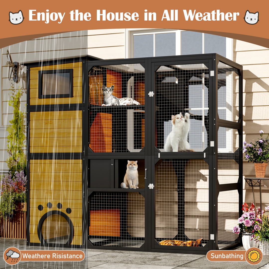 GO Large Cat Catio 4 Tiers Cat Enclosure For Outdoor, Cat House Weatherproof Attached To Window For Multiple Cats With Platforms And Resting Rooms, Brown — image 6