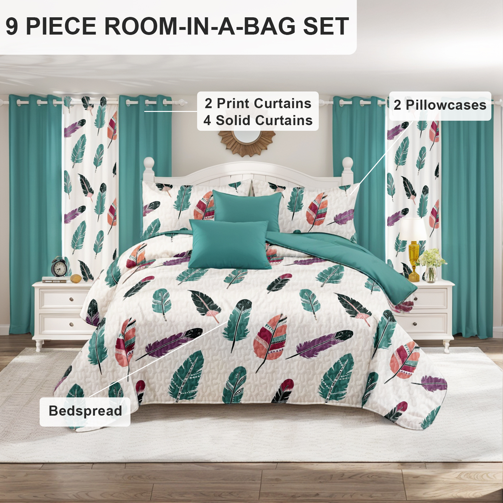 9 Piece Room In A Bag Quilt And Curtain Set, US Designer Boho Feather Print Heavyweight Bedspread With 6 Customizable Window Panels, Pet-Friendly High GSM Coverlet Teal, White — image 3