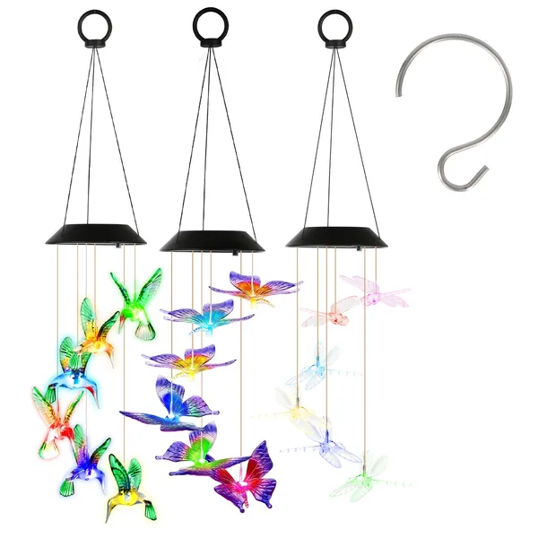 3Pack Solar Hummingbird Butterfly Dragonfly Wind Chimes 7 Color Changing Wind Chime For Outside IPX4 Waterproof Outdoor Garden Yard Decor — imagen 3