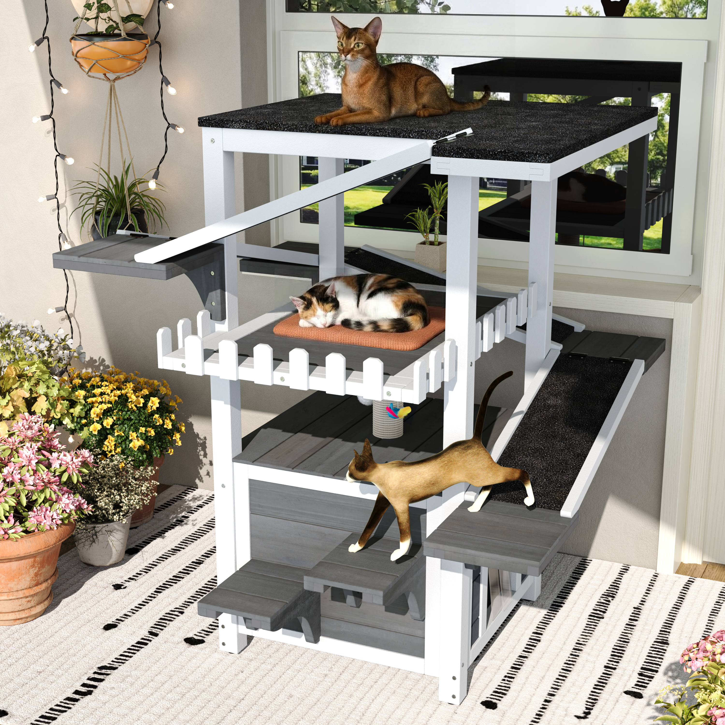 4 Tiers Outdoor Cat House Weatherproof Cat Tree Tower With Waterproof Roof And 2 Doors, Feral Cat Shelter Outside Enclosure, Multi-Level Play Zones With Balcony, For Small Animals, Grey White — image 3