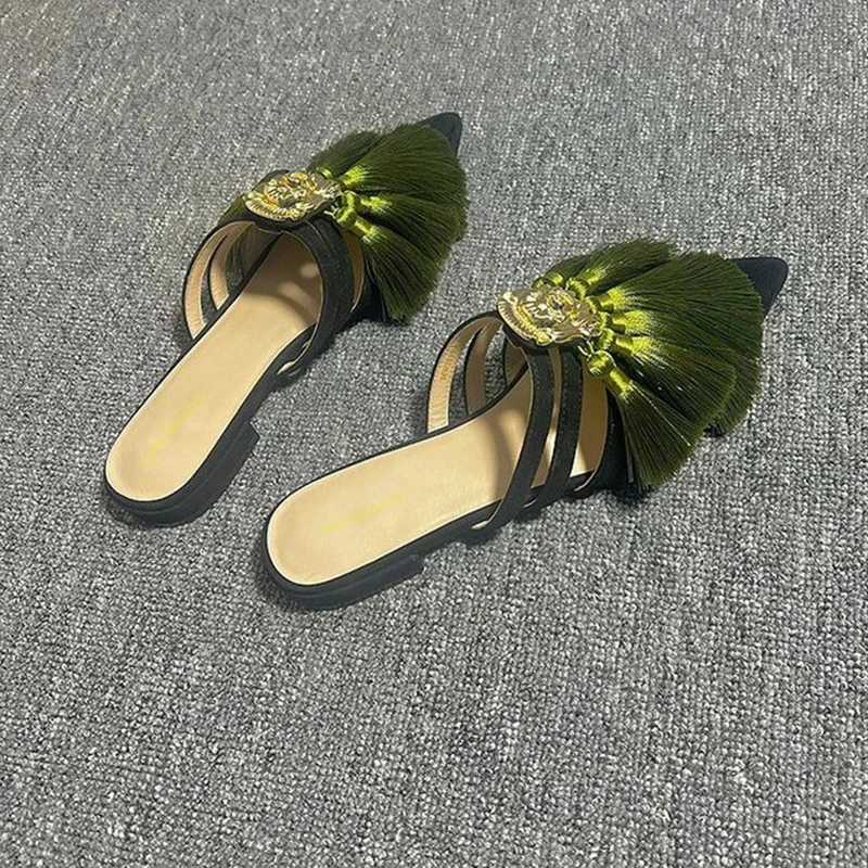 Zapatillas de tacón bajo con tira y borlas punteadas para mujer - Estilo de otoño 2023 — imagen 2