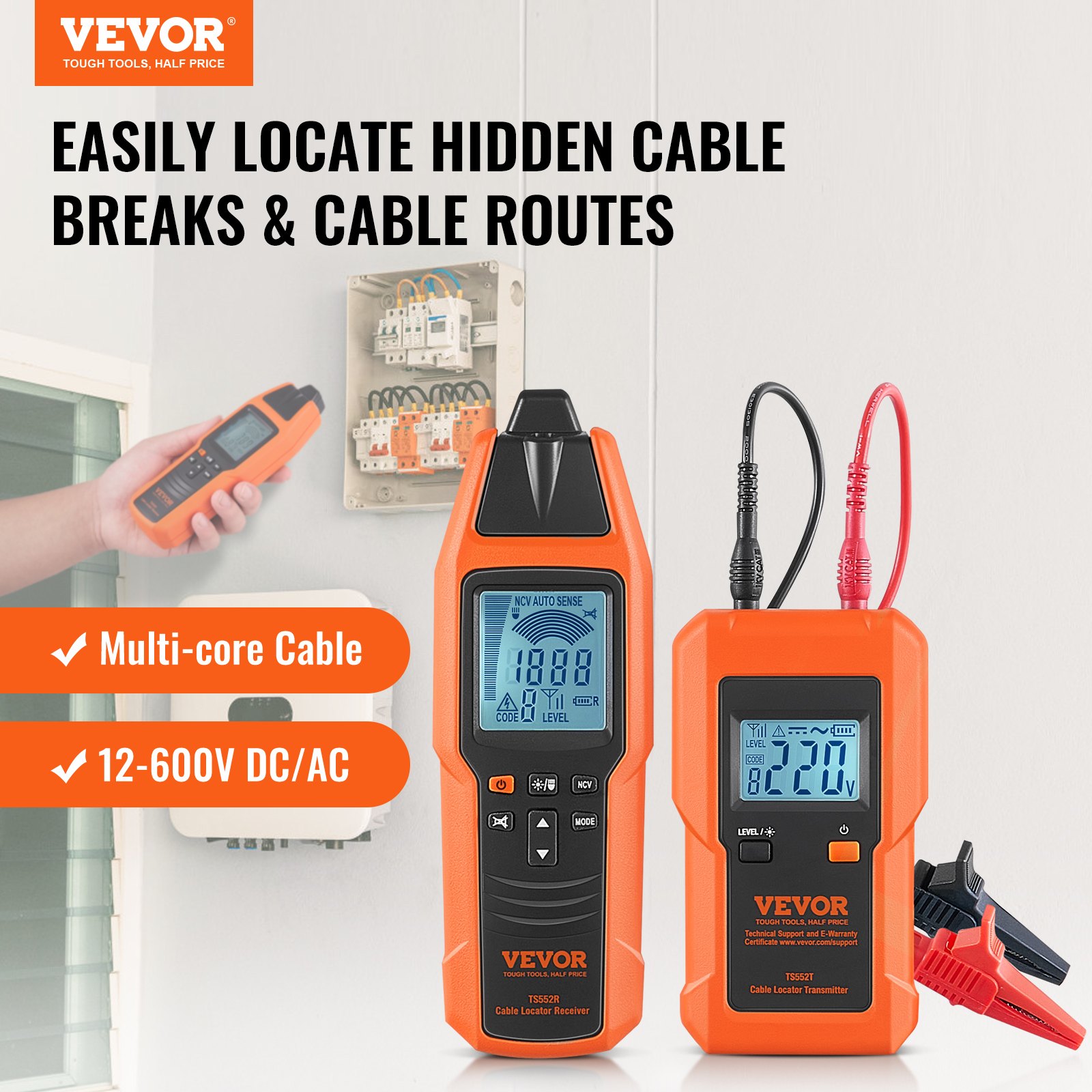 Localizador de Cables Subterráneos, 3 FT de Profundidad Máxima de Detección, 12-600V (NCV) Trasificador de Cable Detector de Roturas, 6561 FT de Longitud Máxima de Detección para Circuito Eléctrico Tubos de Pipeline Cables Enterrados para Perímetros Caninos — imagen 3