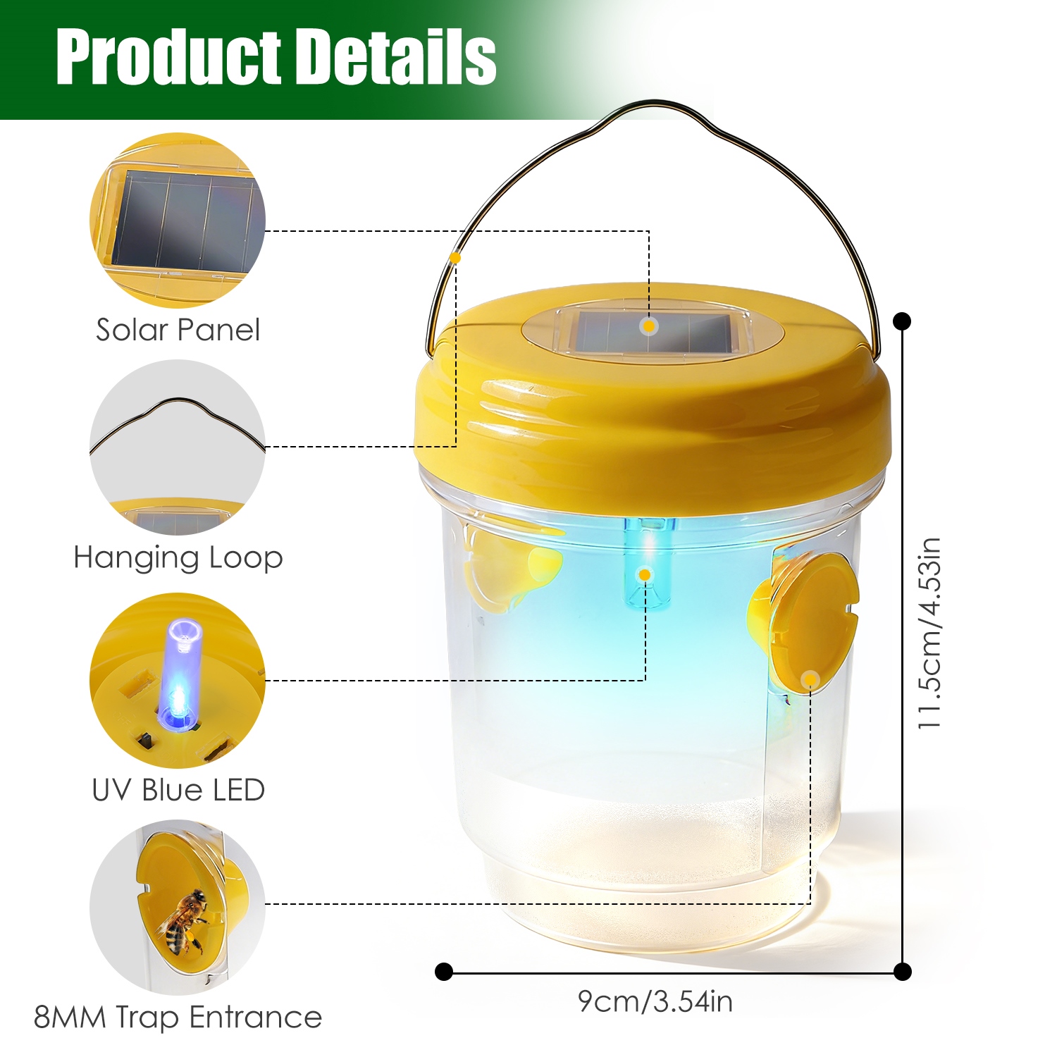 Trampas Solares para Avispas, Paquete de 3, Atrapainsectos Colgantes para Exterior con Luz UV, para Avispas de Papel, Avispas Amarillas, Avispones Pequeños, Moscas de la Fruta y Moscas Comunes — imagen 8