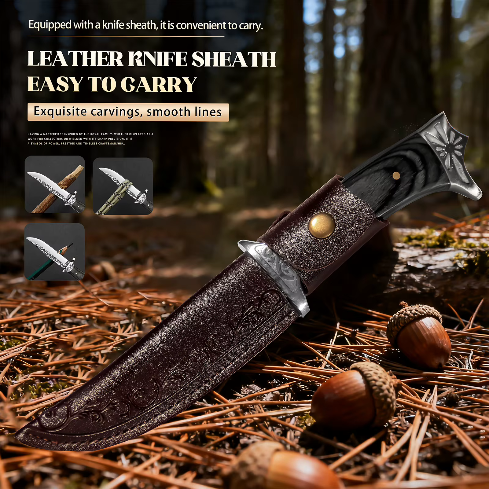 Fixed Blade Hunting Knife with Leather Sheath Wood Handle Outdoor Camping Utility Knife Bowie Style Gift for Men — image 2