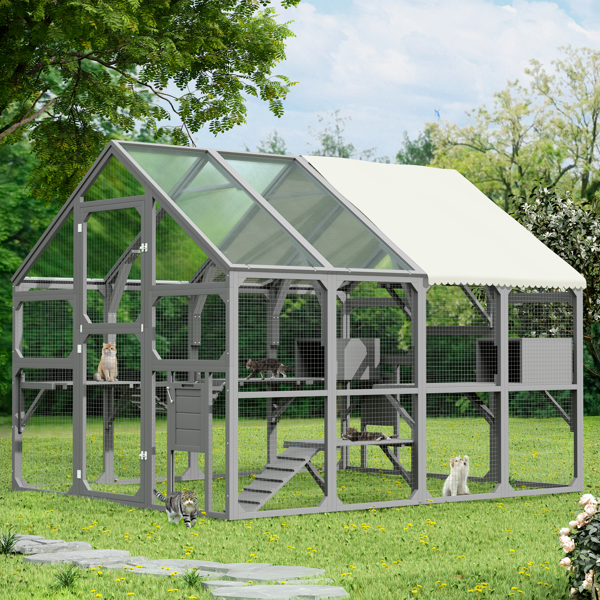 Catio Grande para Gatos Múltiples al Aire Libre - Casa de Madera con 7 Plataformas y Accesorios para Mascotas Seguras — imagen 6