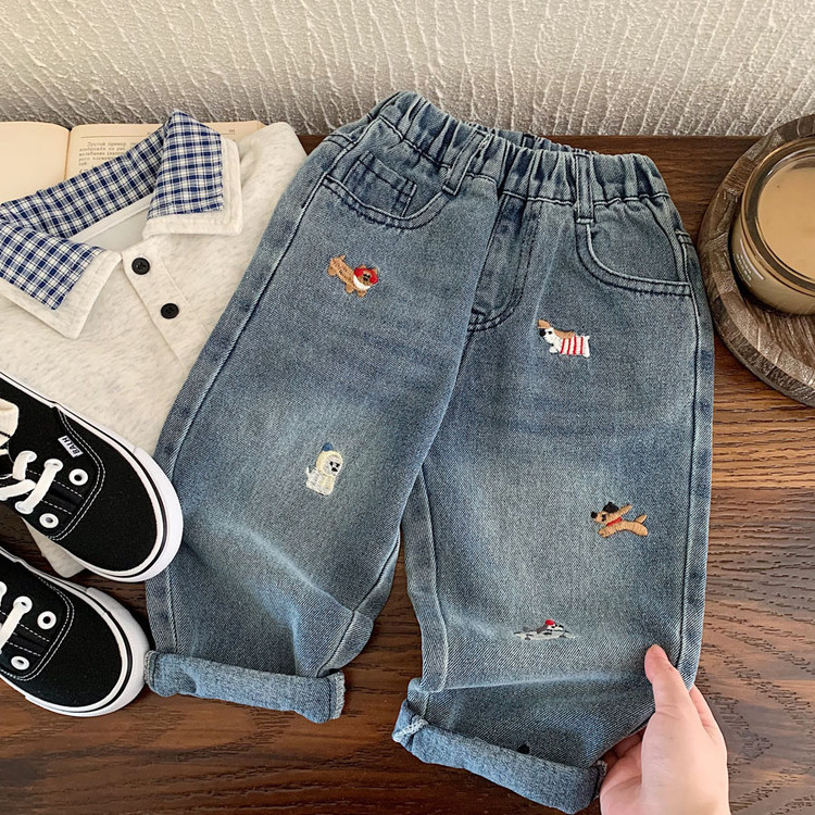 Embroidered puppy denim baby straight leg pants — image 4