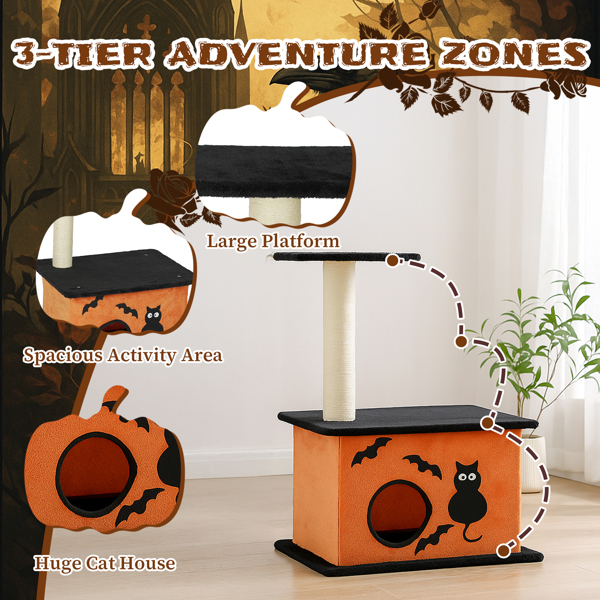 Árbol de Gatos para Halloween, Torre de Gatos con Condo Espacioso y Poste de Rastrillado en Sisal, Negro y Naranja — imagen 4